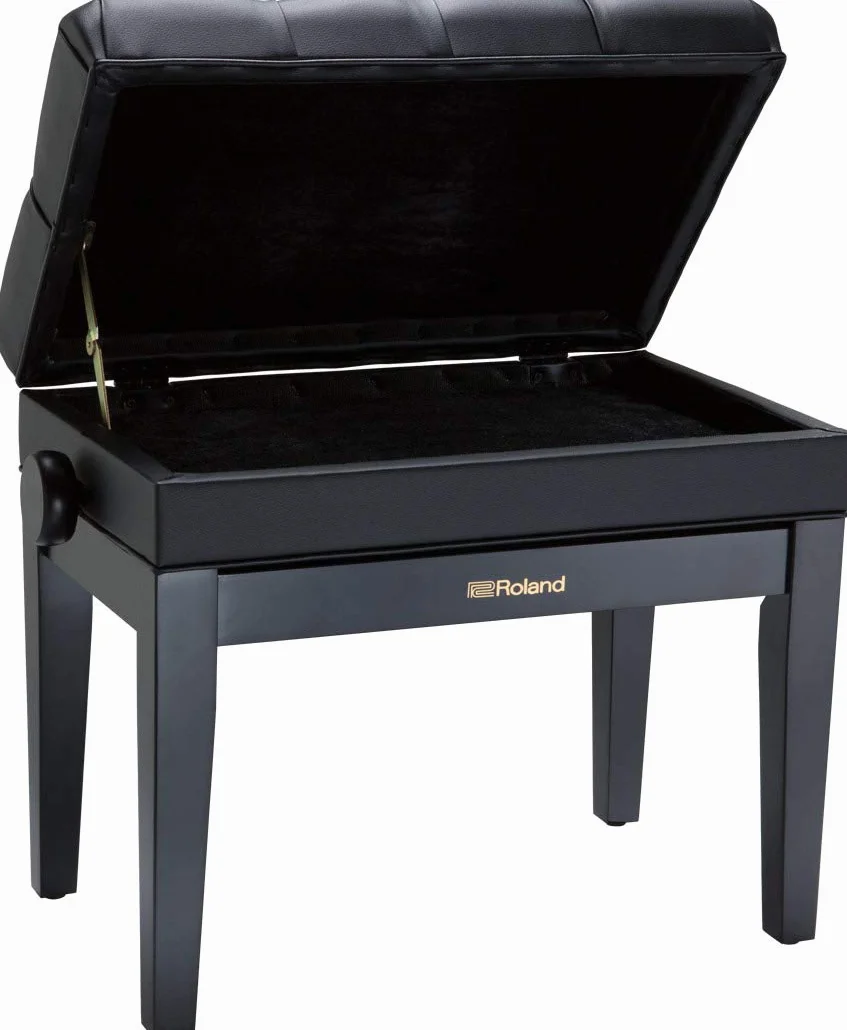 Roland Klavierbank in Hochglanz-Ebenholz-Ausführung mit Vinyl-Sitz und Aufbewahrungsfach für Partituren – RPB-500PE, Poliertes Ebenholz, 64.5 x 37.5 x 25 cm