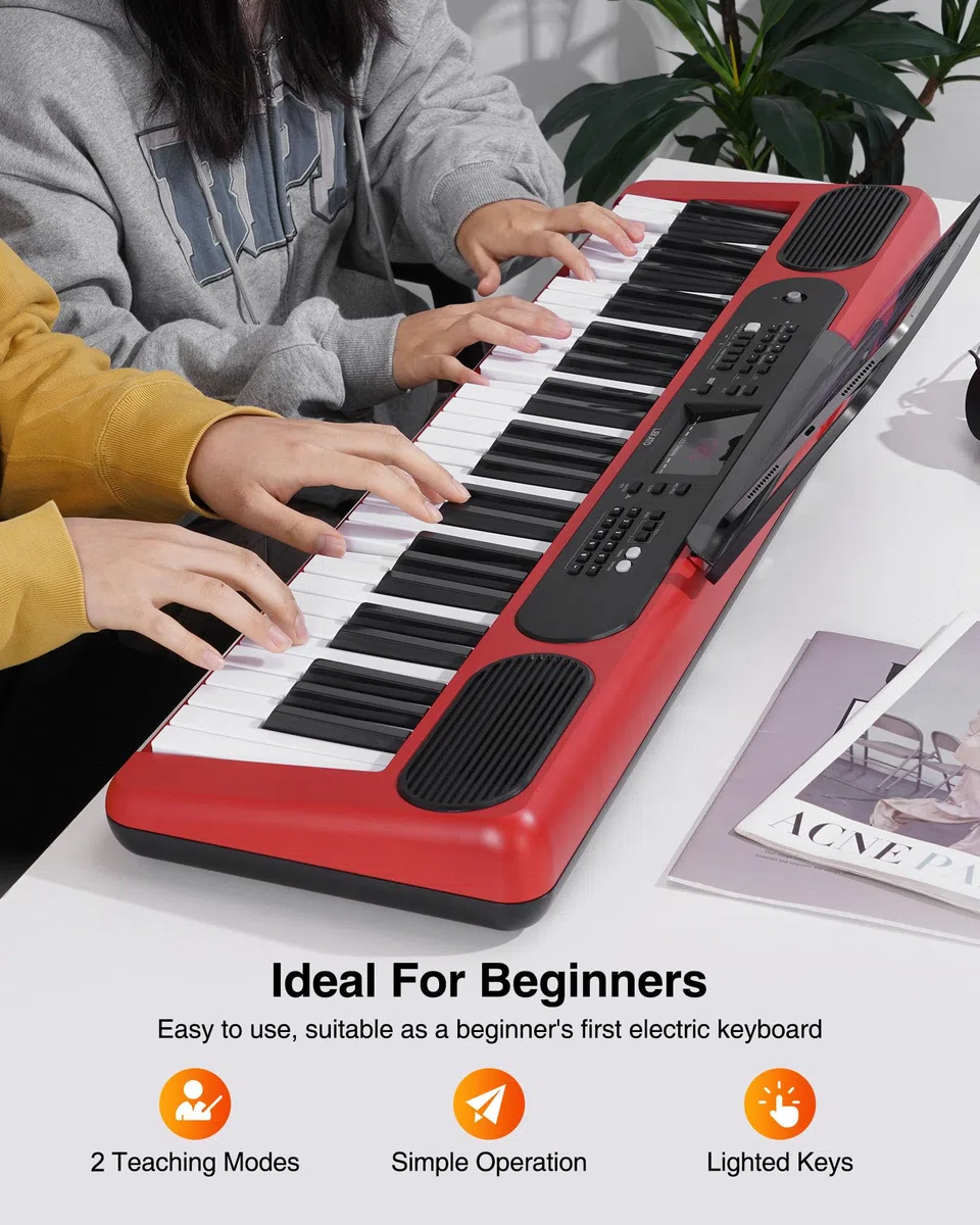 LEKATO Keyboard Piano 61 Tasten Elektronisches Keyboard für Einsteiger Beleuchtete Tasten LED-Anzeige Rot