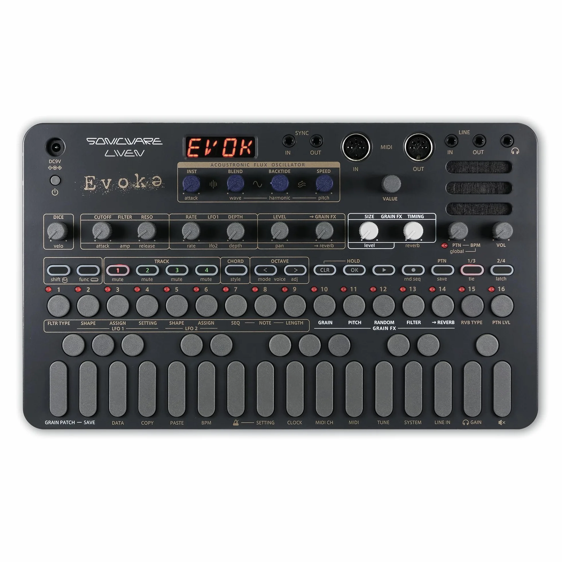 Sonicware LIVEN Evoke Acoustronic Ambient Synthesizer 34 Instrumente Granular Grain FX Flux Oscillator 10 Reverbs 6 Effekte 4-Spur-Sequencer Chord Arpeggiator