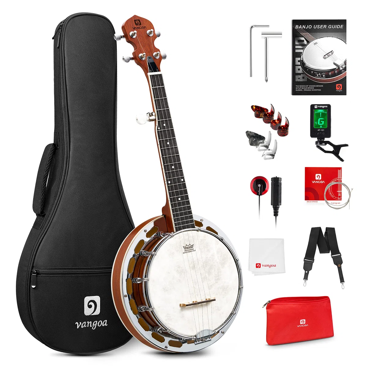 Vangoa Banjo 5 Saiten, Reise Portable Mini Banjo mit Tonring, Remo Kopf, mit Anfänger Kit, mit Anfänger Kit, Stimmgerät, Strap, Pick-up, Saiten, Picks und Tasche