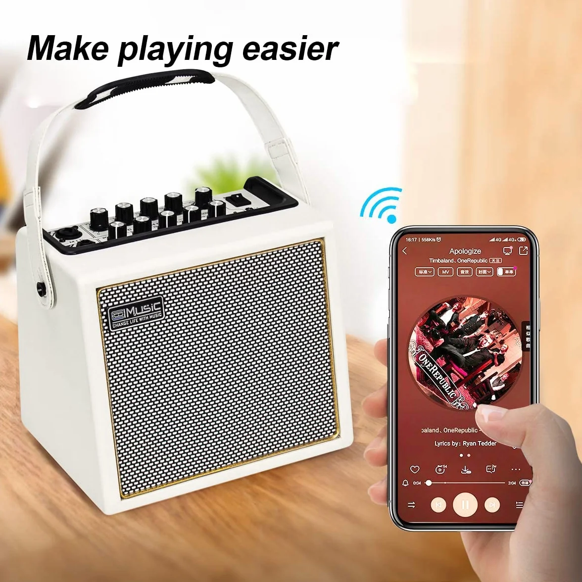 Coolmusic 30W Akustischer E-Gitarrenverstärker BT Tragbarer Gitarrenverstärker Lautsprecher mit Mikrofoneingang Bass Lautstärkeunterstützung Höhenregel Reverb-Effekt(Weiß)