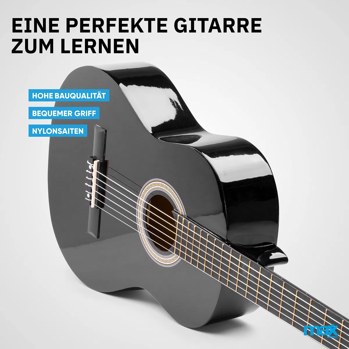 MAX SoloArt 4/4 Akustikgitarre für Anfänger Erwachsene inkl. Tasche Stimmgerät Zubehör Schwarz
