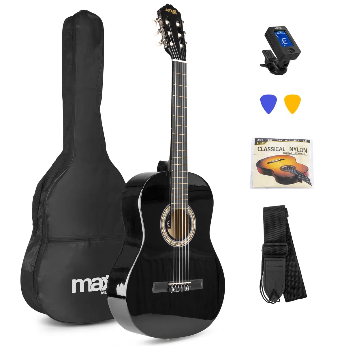 MAX SoloArt 4/4 Akustikgitarre für Anfänger Erwachsene inkl. Tasche Stimmgerät Zubehör Schwarz