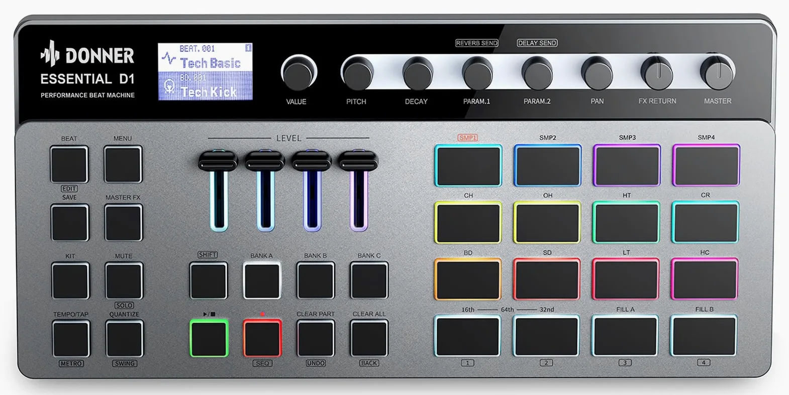 Donner Essential D1 Finger Drum Machine & Step Sequence kombiniert, mit farbcodiertem UI, 12 Sample-Spuren, 16 RGB Beat Pads, 64 Preset Beat Patterns, 5 Endlosregler, Reverb & Delay Effekte