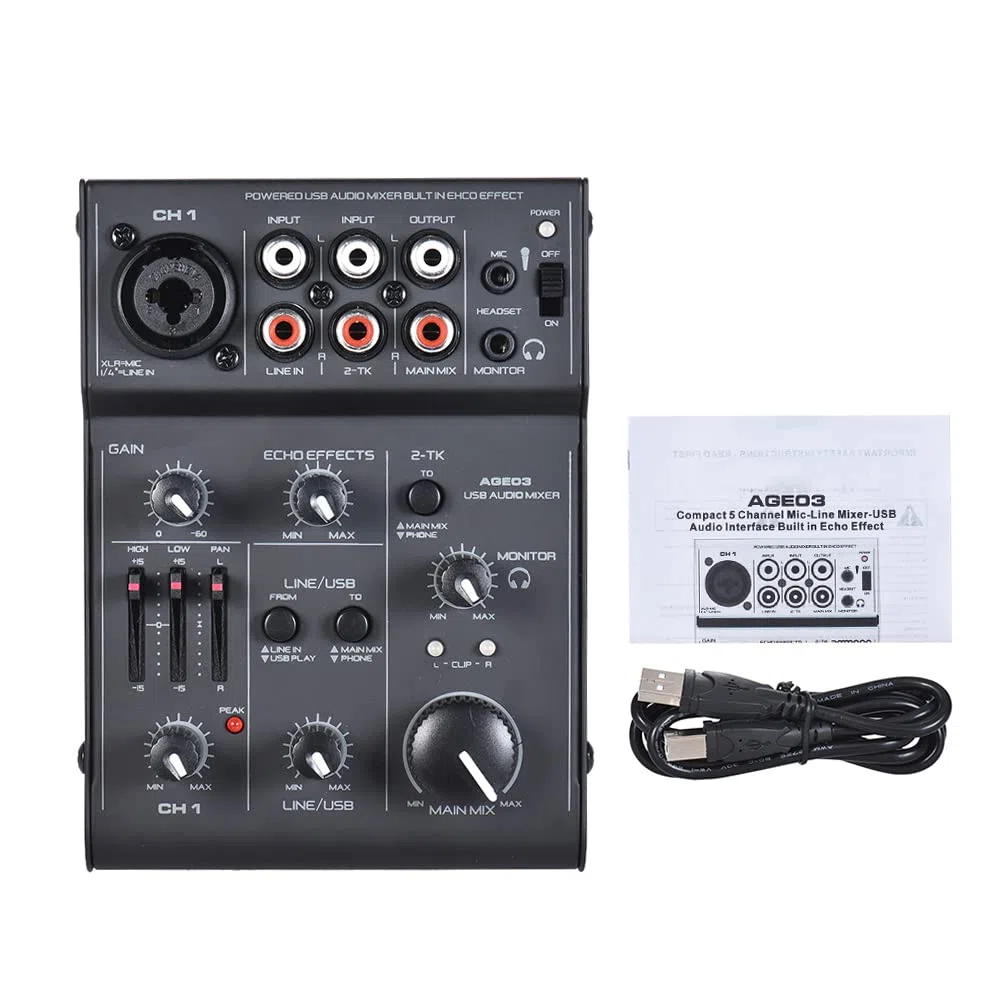 AGE03 5-Kanal Mini Mic-Line Mischpult USB Audio Interface Mixer mit eingebautem Echo-Effekt USB Verstärktes DJ Netzwerk für Aufnahme Live Streaming Karaoke