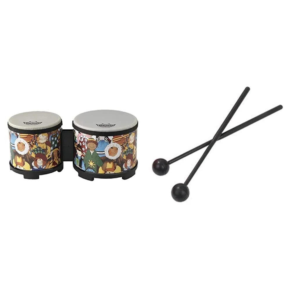 Remo RH-5600-00 Rhythm Club Bongo Drm. 5 Zoll und 6 Zoll Höhe 4.5 Zoll, Renaissance Felle fest vorgestimmt, für Kinder ab 3 Jahren & Percussion Plus Schlägel aus weichem Gummi für Slit Drums, Paar