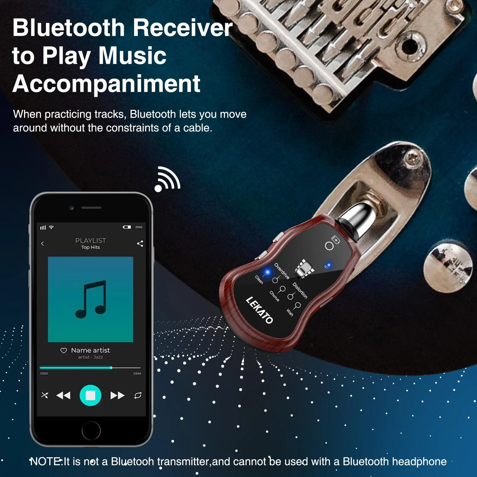 Gitarren-Kopfhörer-Verstärker, LEKATO Mini-Gitarrenverstärker, wiederaufladbarer Taschen-Gitarrenverstärker mit Bluetooth, Eingebaute Effekte, Clean Chorus Overdrive Verzerrung und Wah