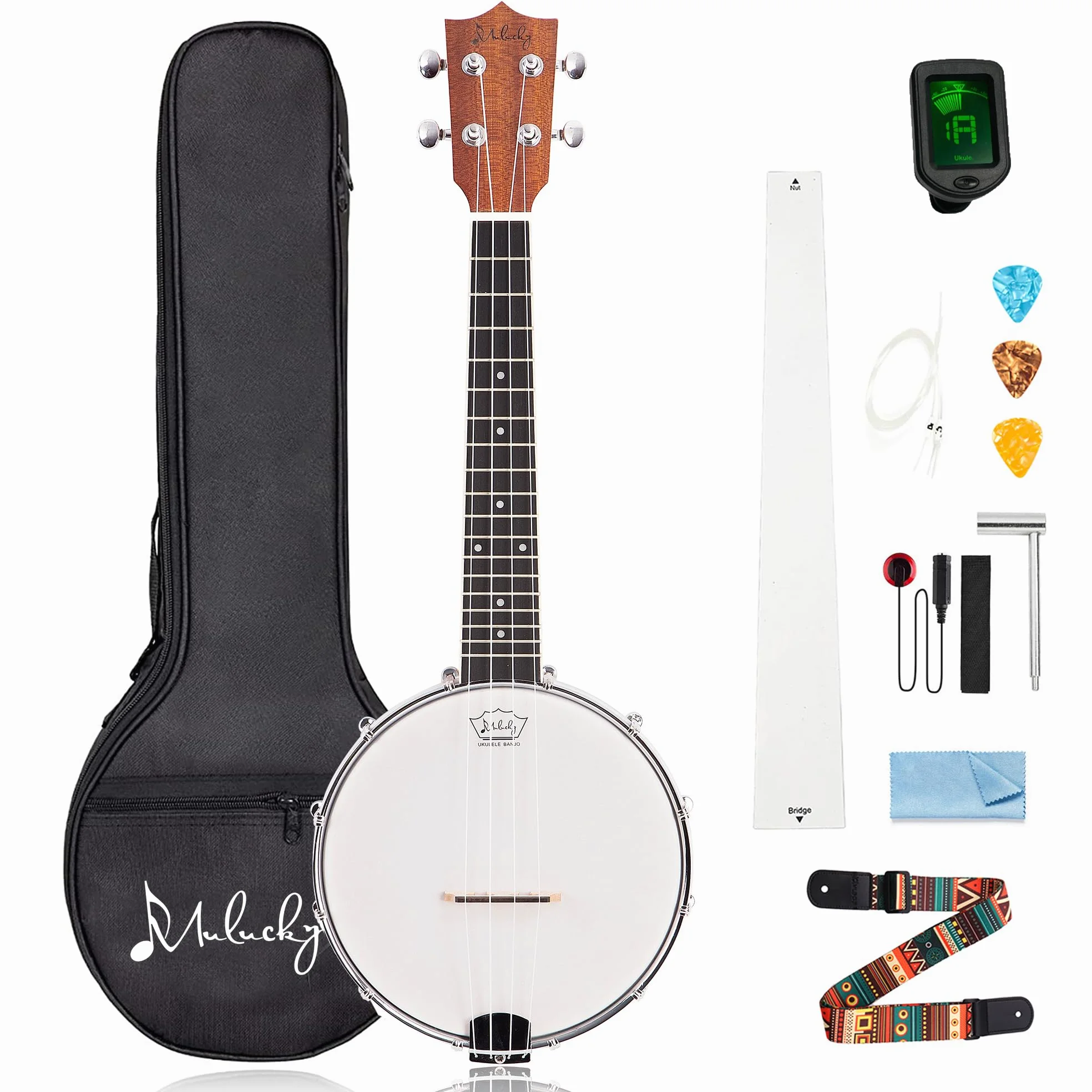 Mulucky Banjolele, 4 Saiten, Banjo-Ukulele, Konzert-Größe, 58,9 cm, geschlossener Massivholzrücken, Anfänger-Set mit Halsstab, Gigbag, Stimmgerät, Saitengurt, Plektren - BU806
