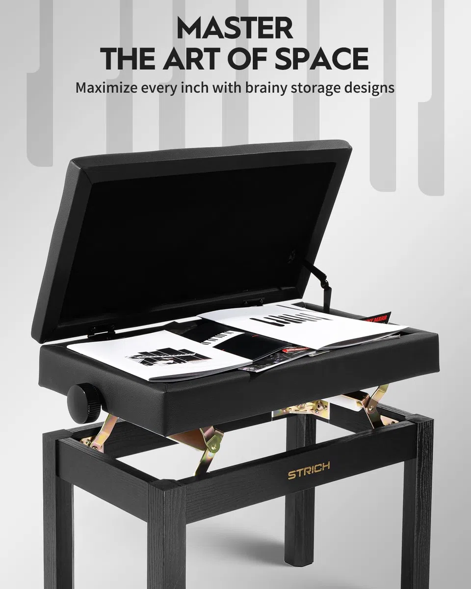 STRICH Klavierbank Höhenverstellbar mit Stauraum, Solid Wood Keyboard Bench Piano Bookcase Stool Chair Seat with High-Density Sponges Cushion, SPB-20