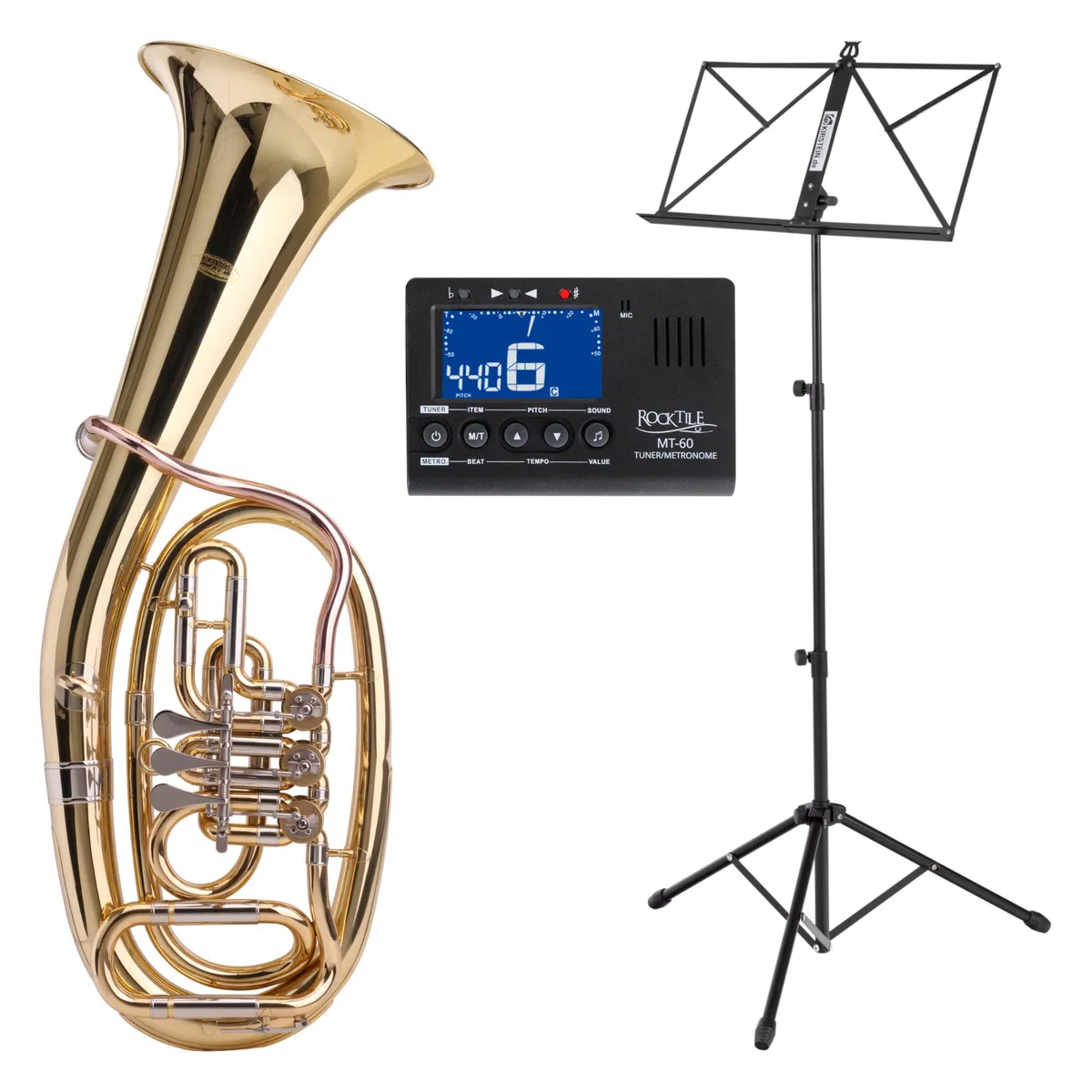Classic Cantabile TH-38 Tenorhorn Set (Bb-Stimmung, Korpus: Messing, Außenzüge: Neusilber, 3 Drehventile) mit Koffer, Mundstück, Stimmgerät/Metronom und Notenständer