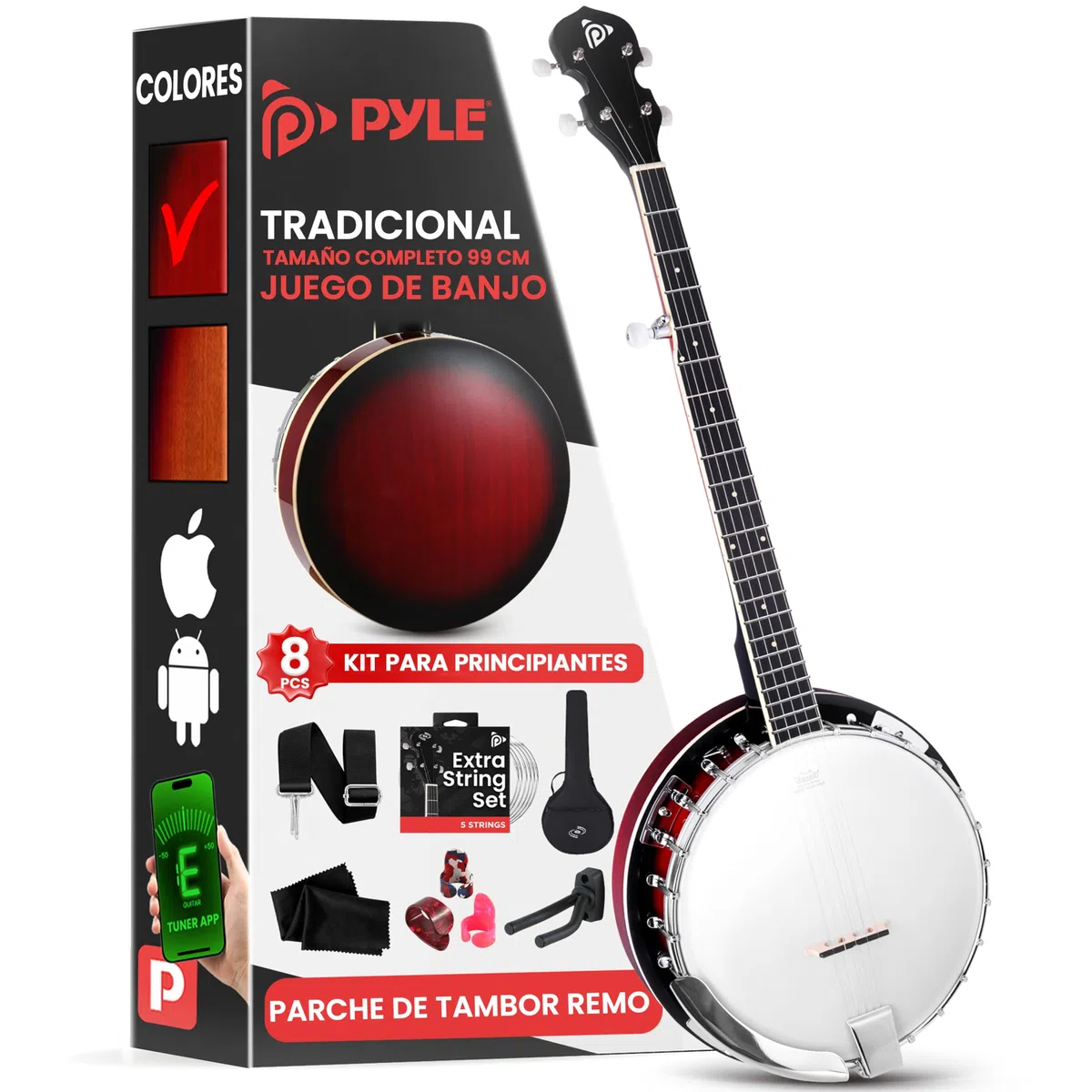 Pyle Banjolele- 5 Saiten, Banjo Kit Instrument, Banjolele Set Inkl. digitalem Stimmgerät, Saiten, Plektren, Gurt, Gig Bag & Werkzeugset, Musikinstrument für Folk, Country & Bluegrass, 99cm