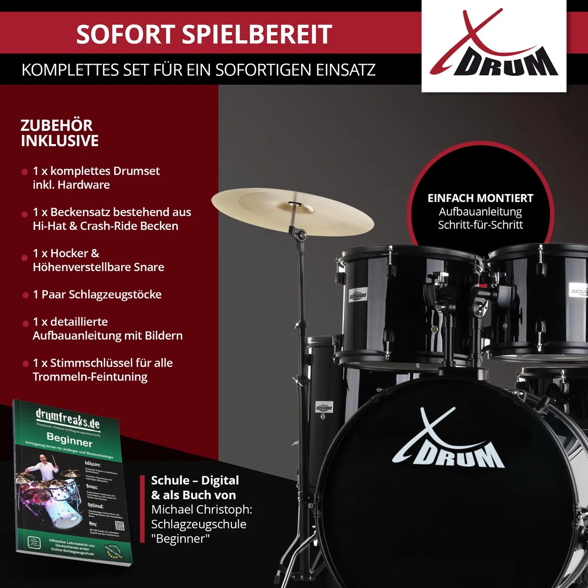 XDrum Rookie Schlagzeug Set Drumset Schwarz (20" BD, 10", 12", 14" TT, 14" SD, Übungsbecken bestehend aus einem Satz Hi-Hat-Becken 14" und 1 Crash-Ride-Becken 16", inkl. Schule & Schlagzeugdämpferset)