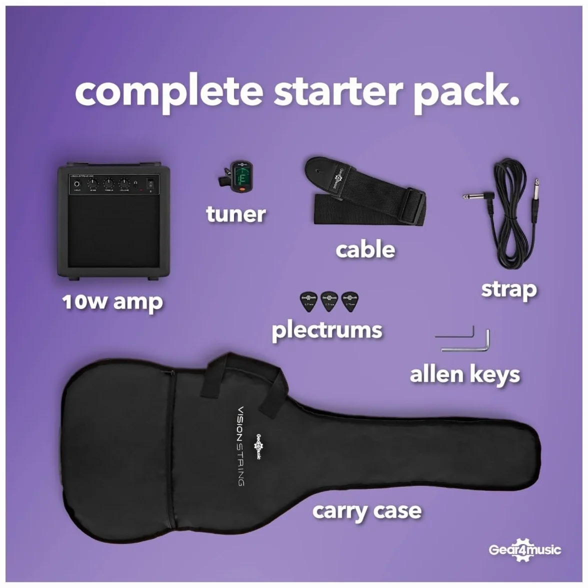 VISIONSTRING E Bass Gitarre Linkshänder 3/4 mit Verstärker 10W für Kinder - Elektrische Bassgitarre Set mit Gitarrentasche, Plektrum, Gurt, Stimmgerät - Bass Guitar Gitarren Schwartz von Gear4music