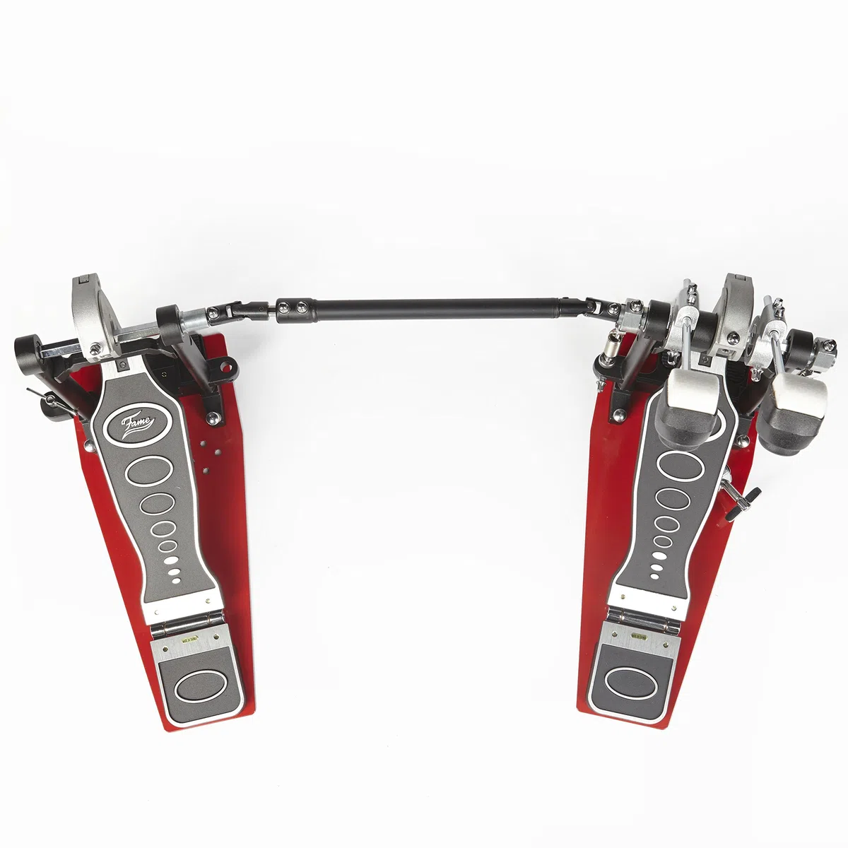 Fame DFP9001D Direct Drive Doppelpedal, Robuste Doppelfußmaschine, Einstellbare Federspannung, Doppelsäulen-Konstruktion, Splitboard Trittplatten, Bodenplatten, Ideal für Proberaum, Bühne, Studio