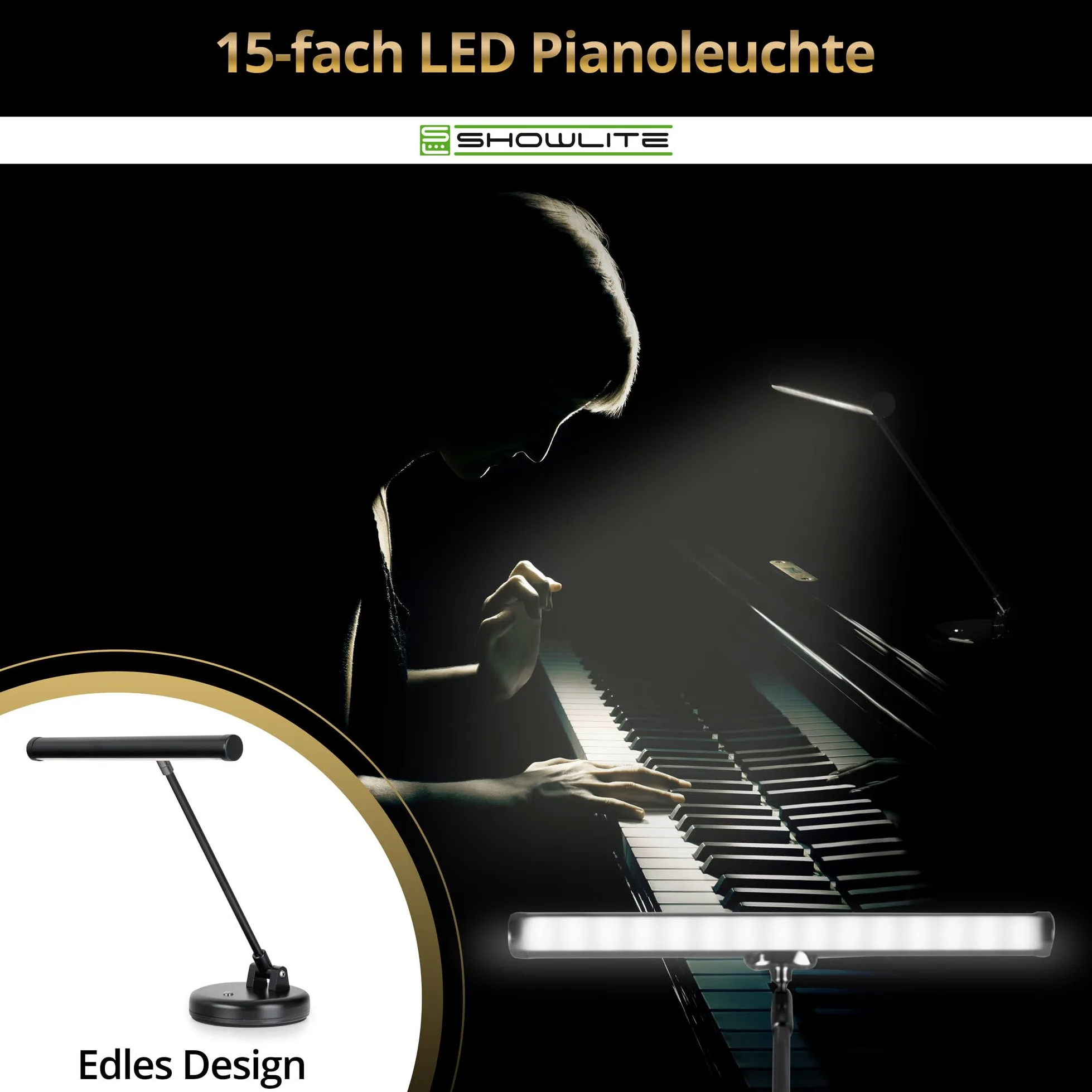 Showlite PL-1-BK-KW LED Klavierleuchte 36 cm kaltweiß 15 LEDs USB Netzstrom Batterie schwarz