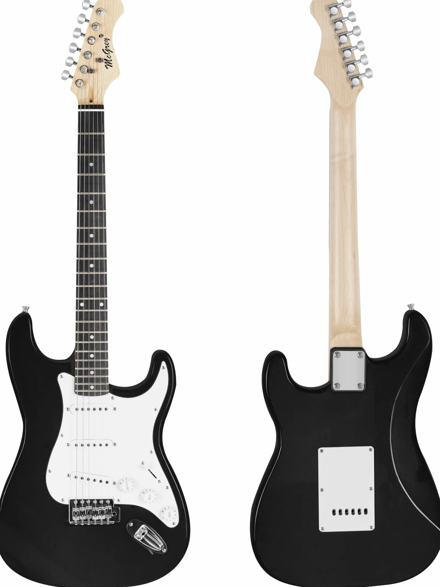McGrey Rockit ST Komplettset E-Gitarre (8-teiliges Anfängerset mit Gitarre, Verstärker, Ersatzsaiten, Gitarrentasche, Stimmgerät, Plektren, Gurt und Gitarrenkabel) Schwarz