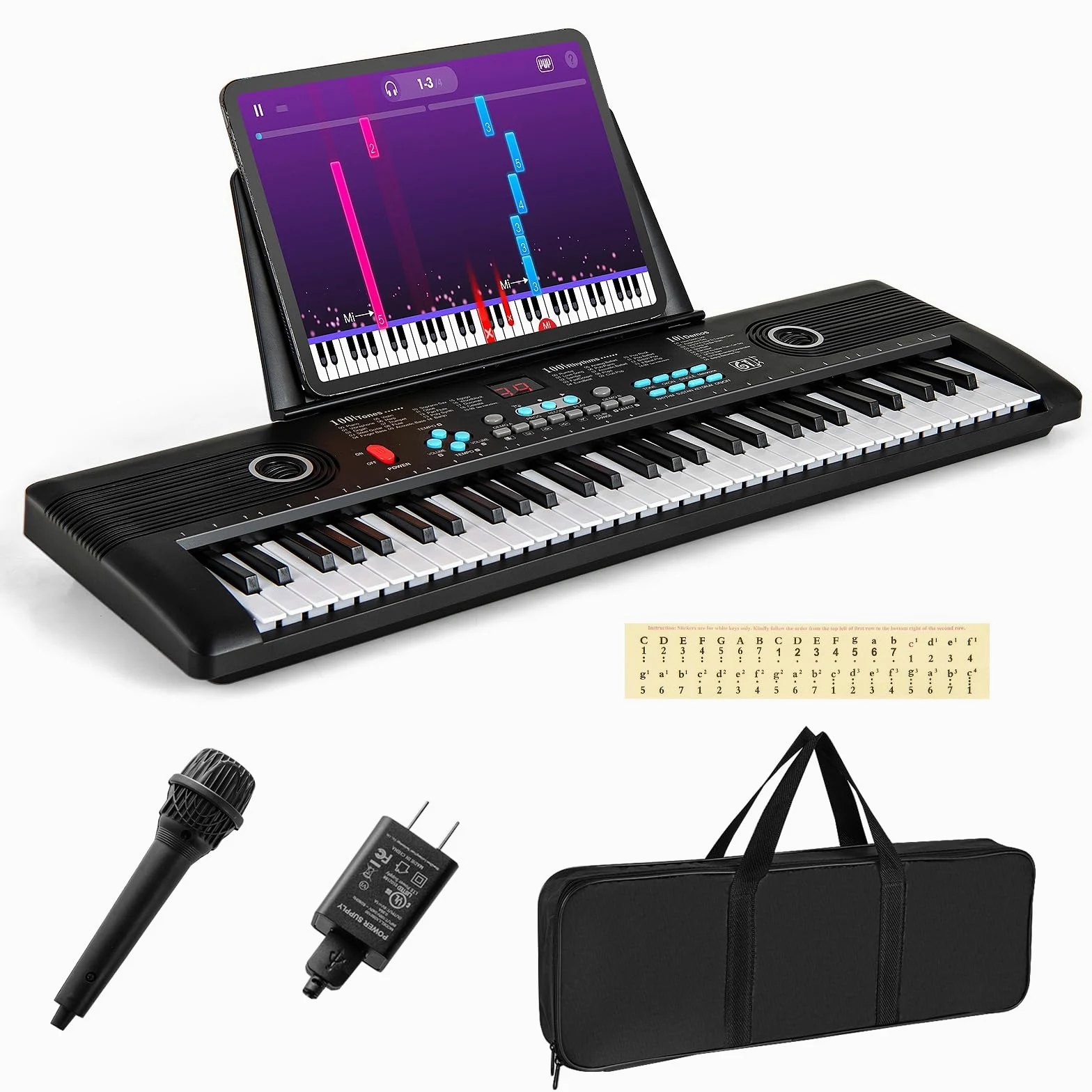 KOMFOTTEU Elektronisches Keyboard 61 Tasten Digitalpiano mit Mikrofon & Ständer Klaviertastatur tragbar mit Tragetasche