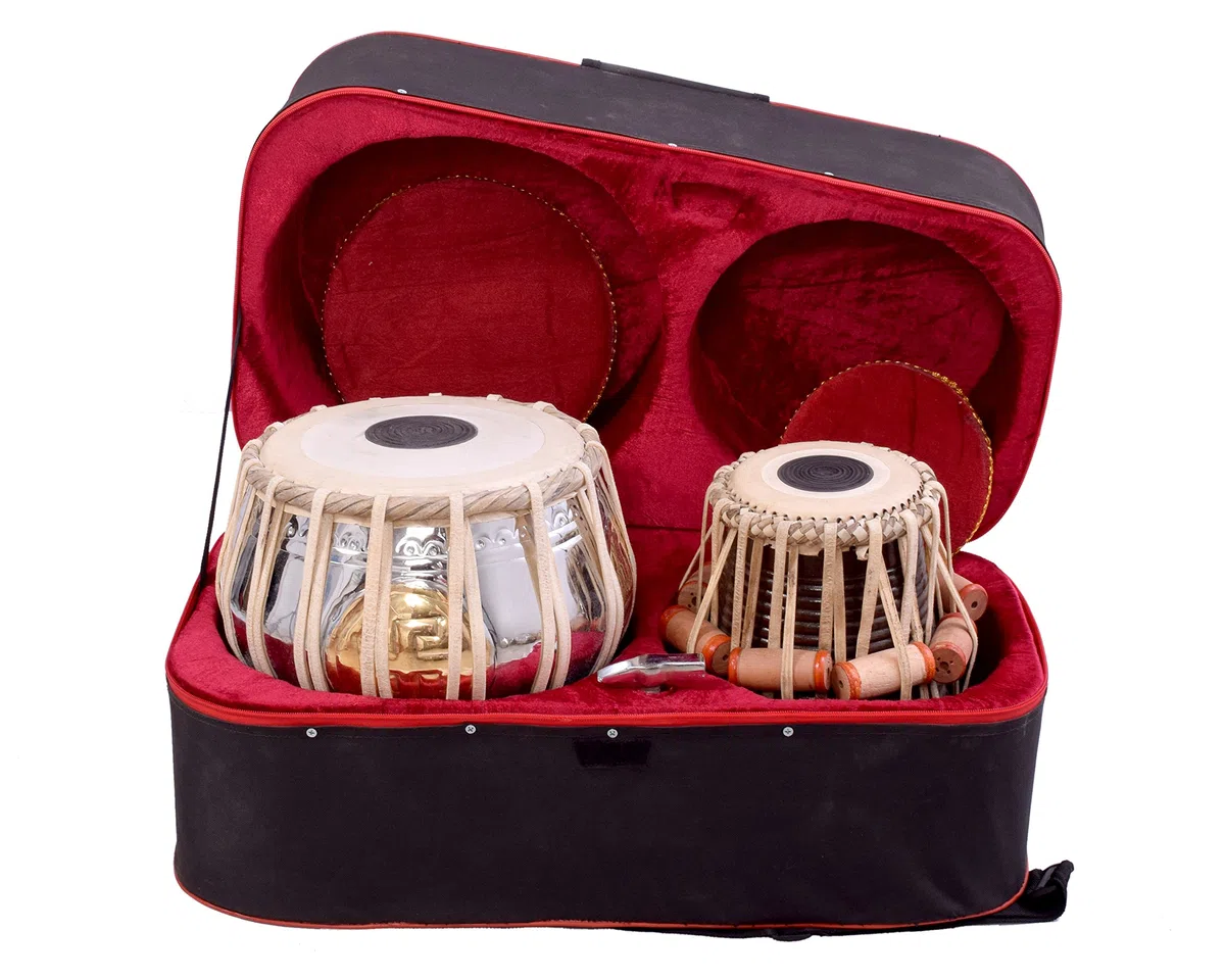 Indisches Musikinstrument Tabla-Trommel-Set Feinstes Bayan & Dayan mit Buch, Hammer, Kissen und Bezug, Silber-Gold