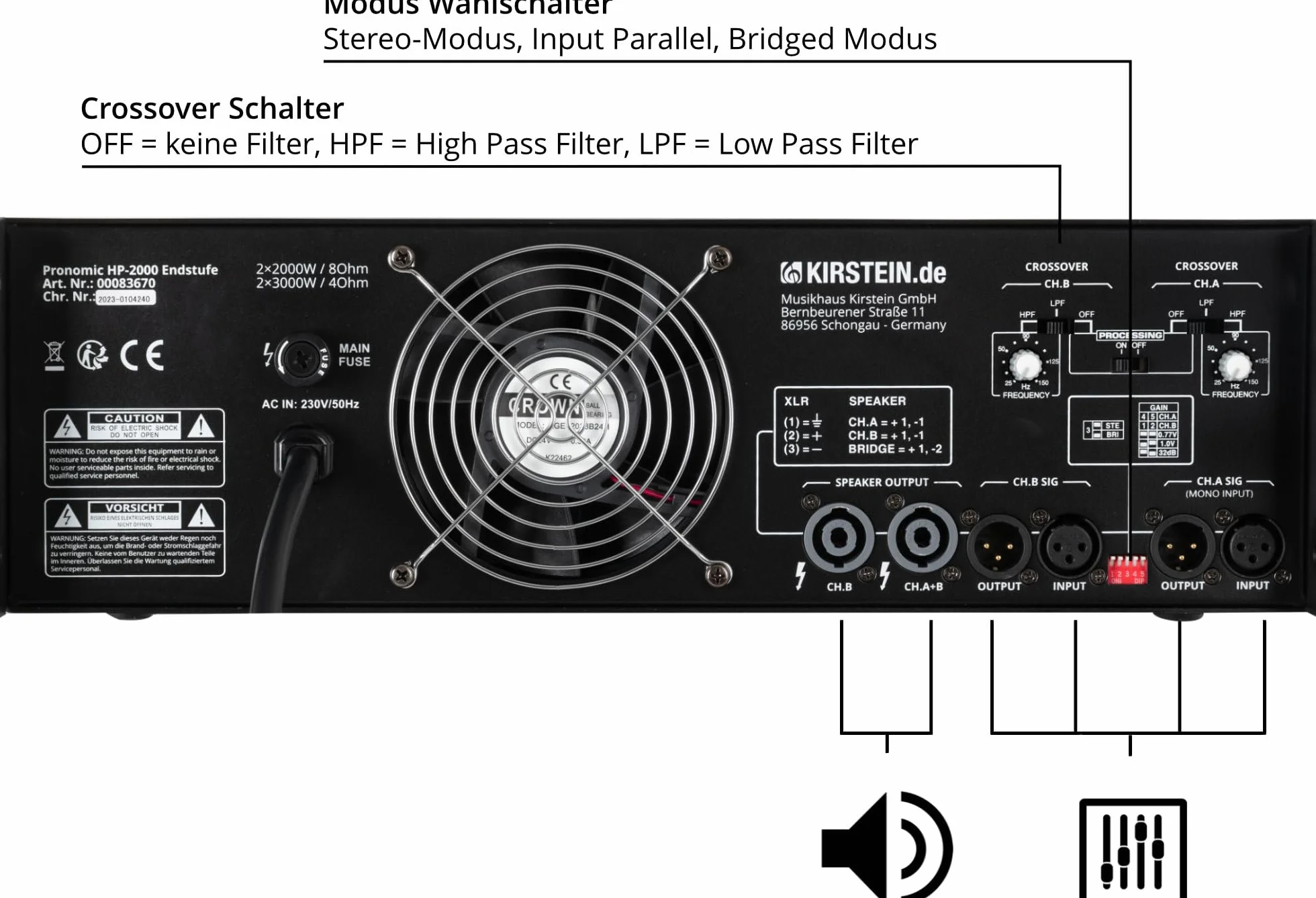 Pronomic HP-2000 Endstufe 2x 3000 Watt - Ausgangsleistung (4 Ohm): 2x 3000 Watt - Zuschaltbare Hoch-/Tiefpassfilter mit einstellbarer Crossover-Frequenz - Wählbare Eingangsverstärkung - Schwarz