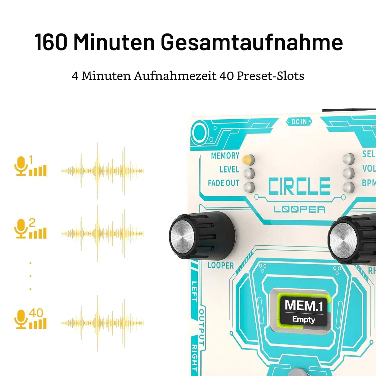 Donner Circle Looper Record Gitarren Effektpedal mit Time Progress Bar Display Loop Pedal Max. 4min Aufnahmezeit für jede Schleife, 160 Minuten Gesamtaufnahmekapazität, Unbegrenzt Overdubbing