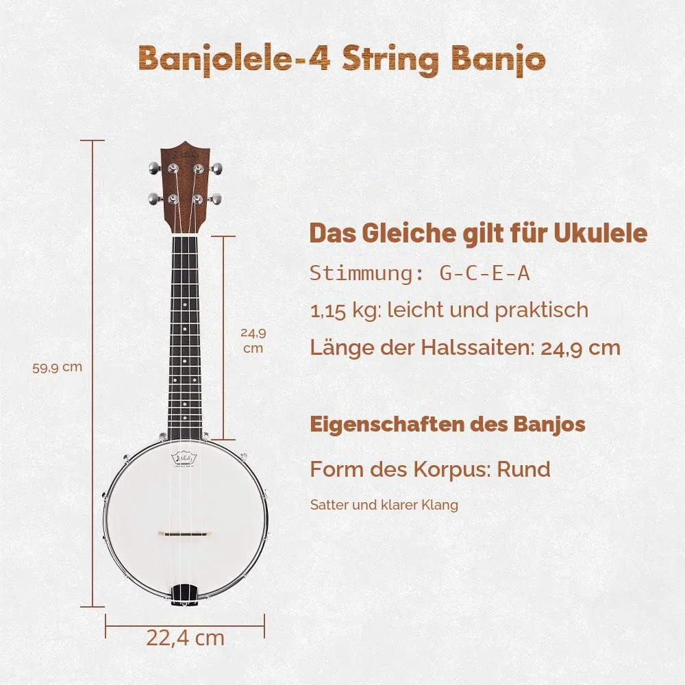 Mulucky Banjolele, 4 Saiten, Banjo-Ukulele, Konzert-Größe, 58,9 cm, geschlossener Massivholzrücken, Anfänger-Set mit Halsstab, Gigbag, Stimmgerät, Saitengurt, Plektren - BU806