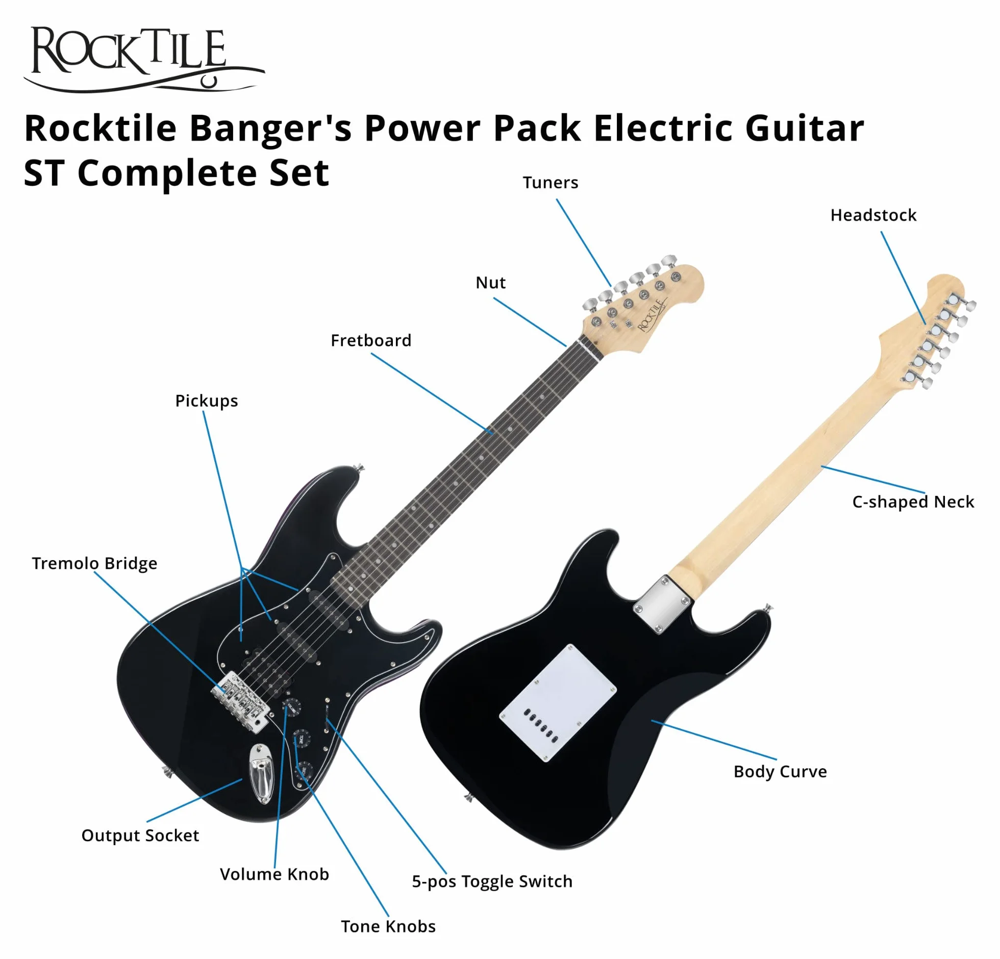 Rocktile Banger's Power Pack Komplettset E-Gitarre mit Single Coil und Humbucker Pickups Schwarz (Verstärker, Tasche, Kabel, Gurt, Plecs, Tremolo, Ersatzsaiten und Schule mit CD/DVD)