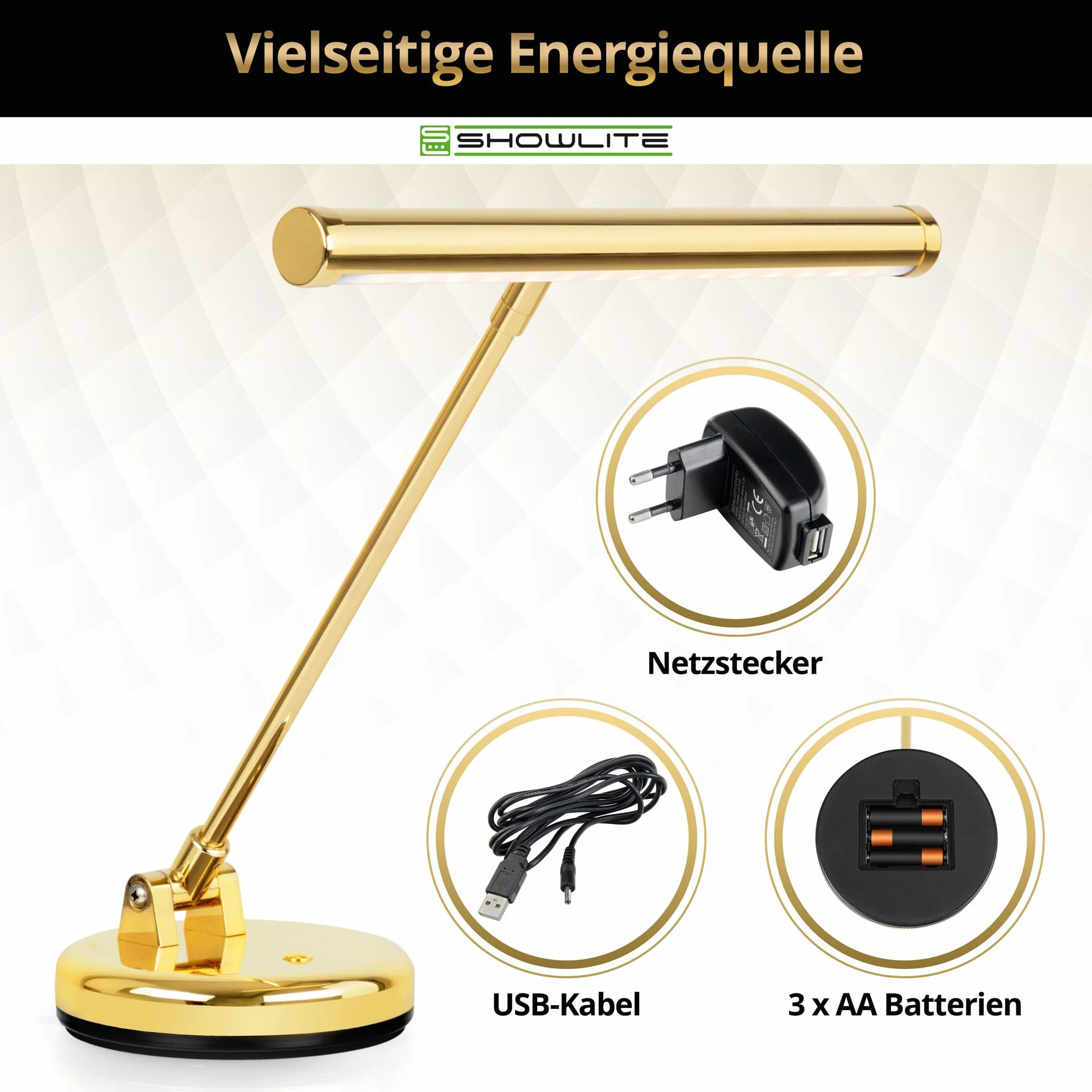 Showlite PL-1-GD-WW LED Klavierleuchte 36 cm warmweiß USB Netzstrom Batterie gold hochglanz