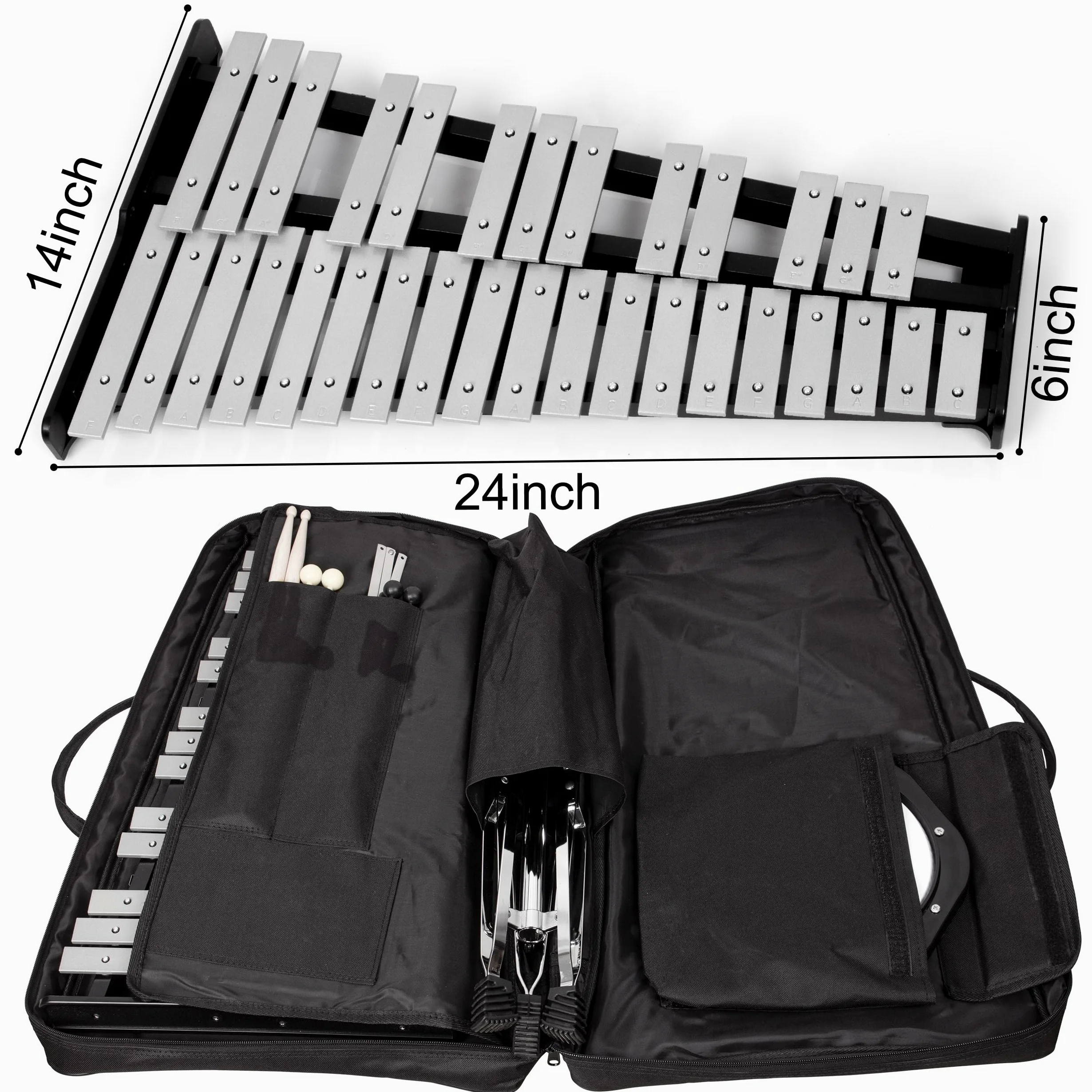 Glockenspiel 32 Tönen Xylophon Handpercussion Holzrahmen Aluminium Xylophone Percussion Kit Glockenspiel Set mit Höhenverstellbarem Ständer, Gedämpftes Übungspad, 3 Paar Schlägel, Tragetasche