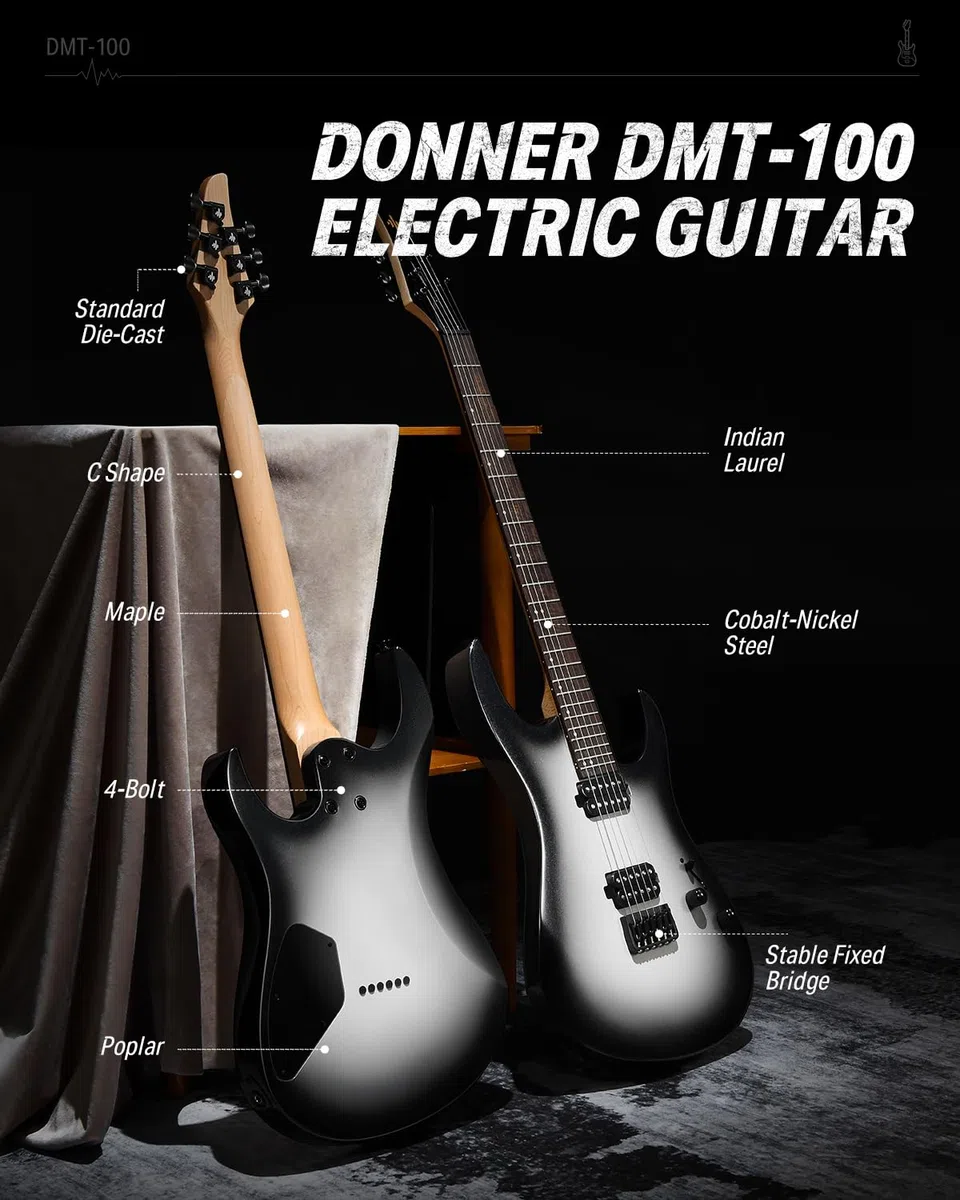 Donner Solid Body E-Gitarre, 39 Zoll Metall E-Gitarre Anfänger Kits mit Tasche, Saiten, Gurt, Kabel, Saitendämpfer für Rockmusikliebhaber, DMT-100 (Gradient Black)