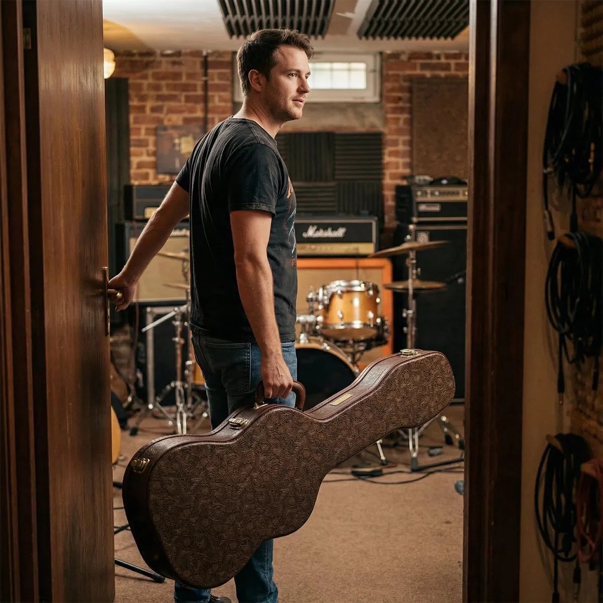 Crossrock Konturierter Koffer für E-Gitarren aus Holz für Fender Stratocaster und Telecaster, Blütenbraunes Finish, burgunderroter Samt-Innenraum, Schloss – Designer-Serie (CRW530STBQ)