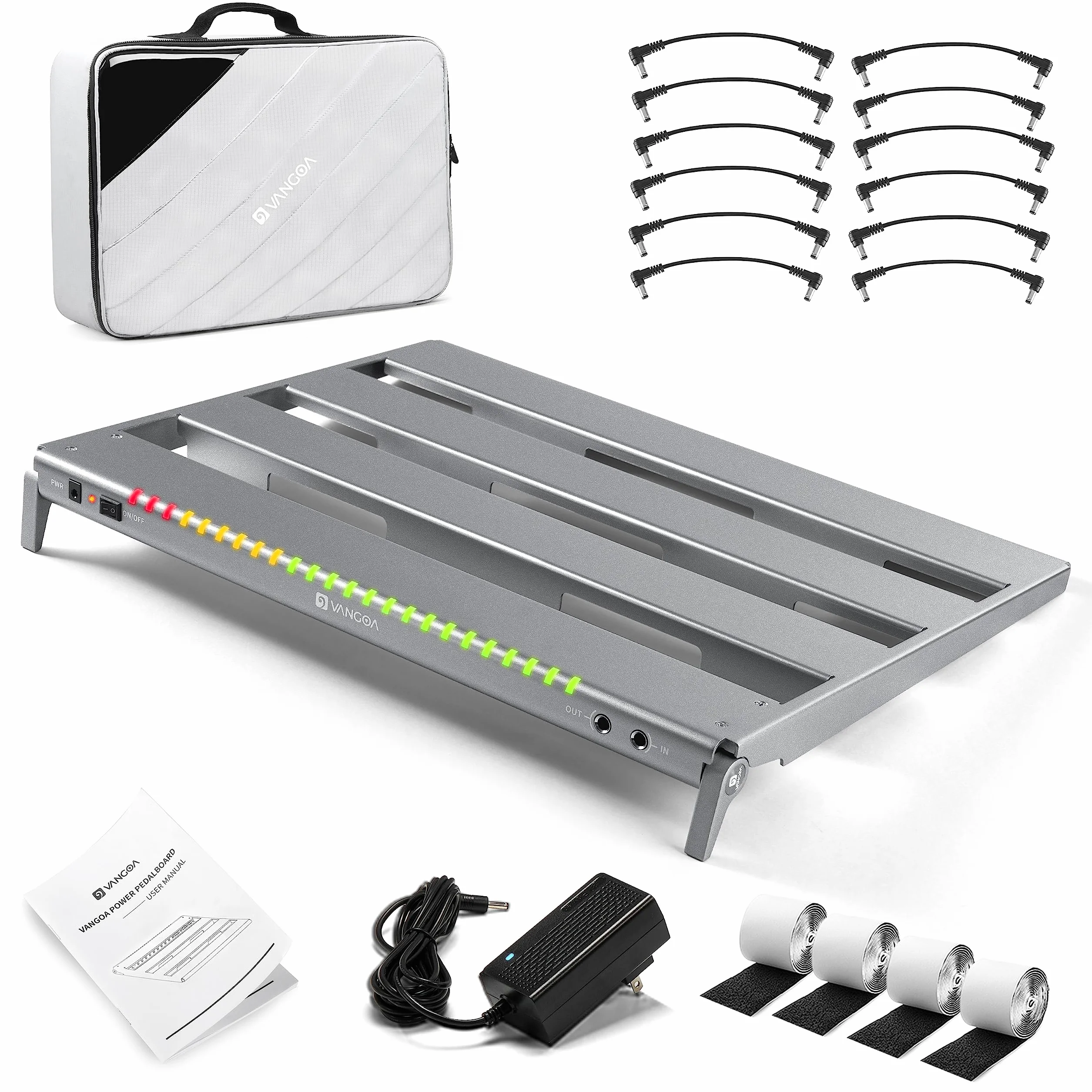 Vangoa Pedalboard mit Integriertem Netzteil,Aluminiumlegierung einteilig gebogene tragbare faltbare powered Guitar Pedal Board mit Premium-Rucksack, Medium, 45.72 * 34.29cm, 1.54kg, grau