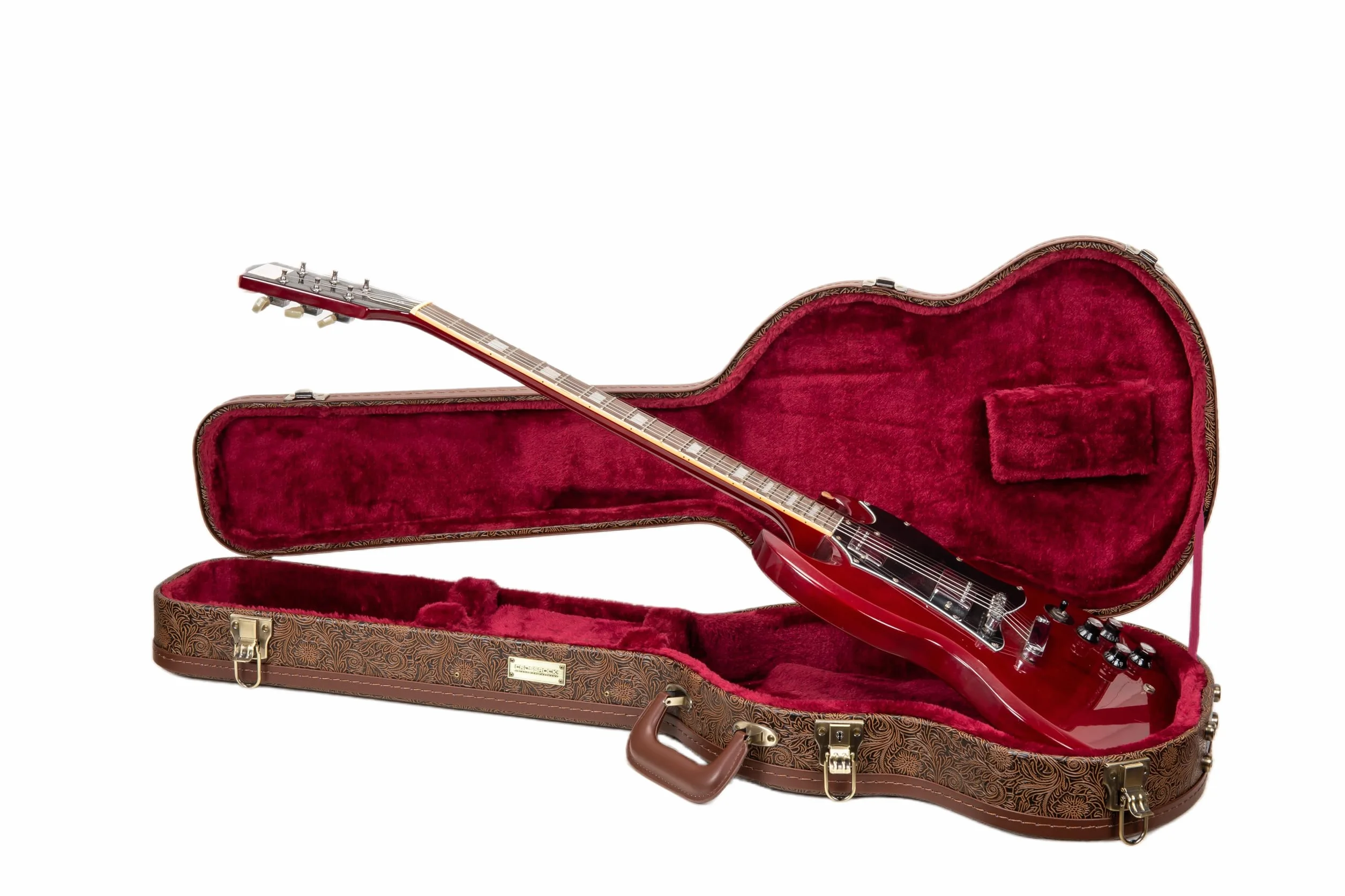 Crossrock Designer Serie – Holzkoffer für Gibson SG Elektrogitarren – Sicherheitsschloss, Metallfüße, Lagerraum – Blühend Braun (CRW530SGBQ)