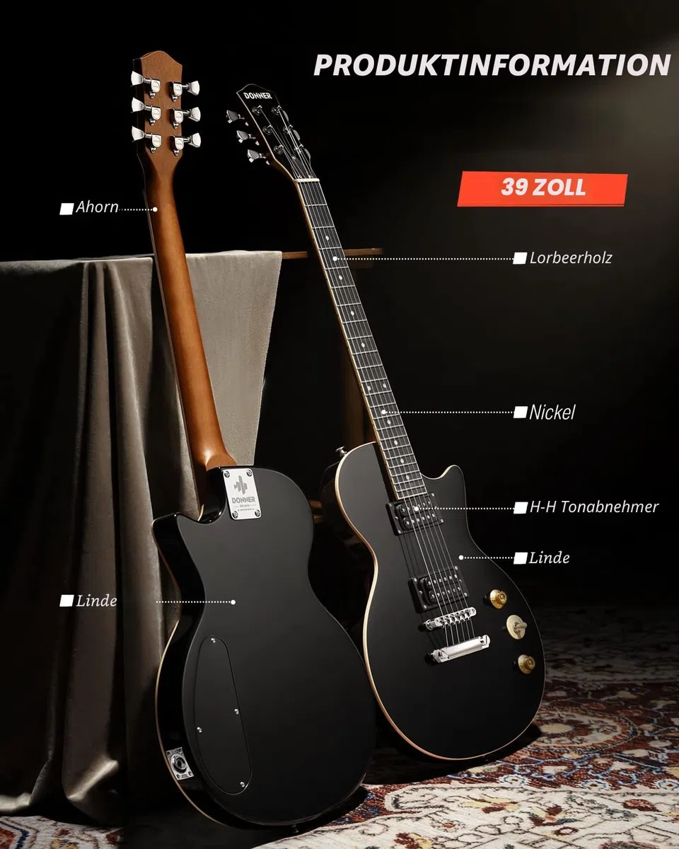 Donner E-Gitarre Set E Gitarren LP-Stil 39 Zoll Voller Größe mit Tasche, Gurt, Kabel (Schwarz)