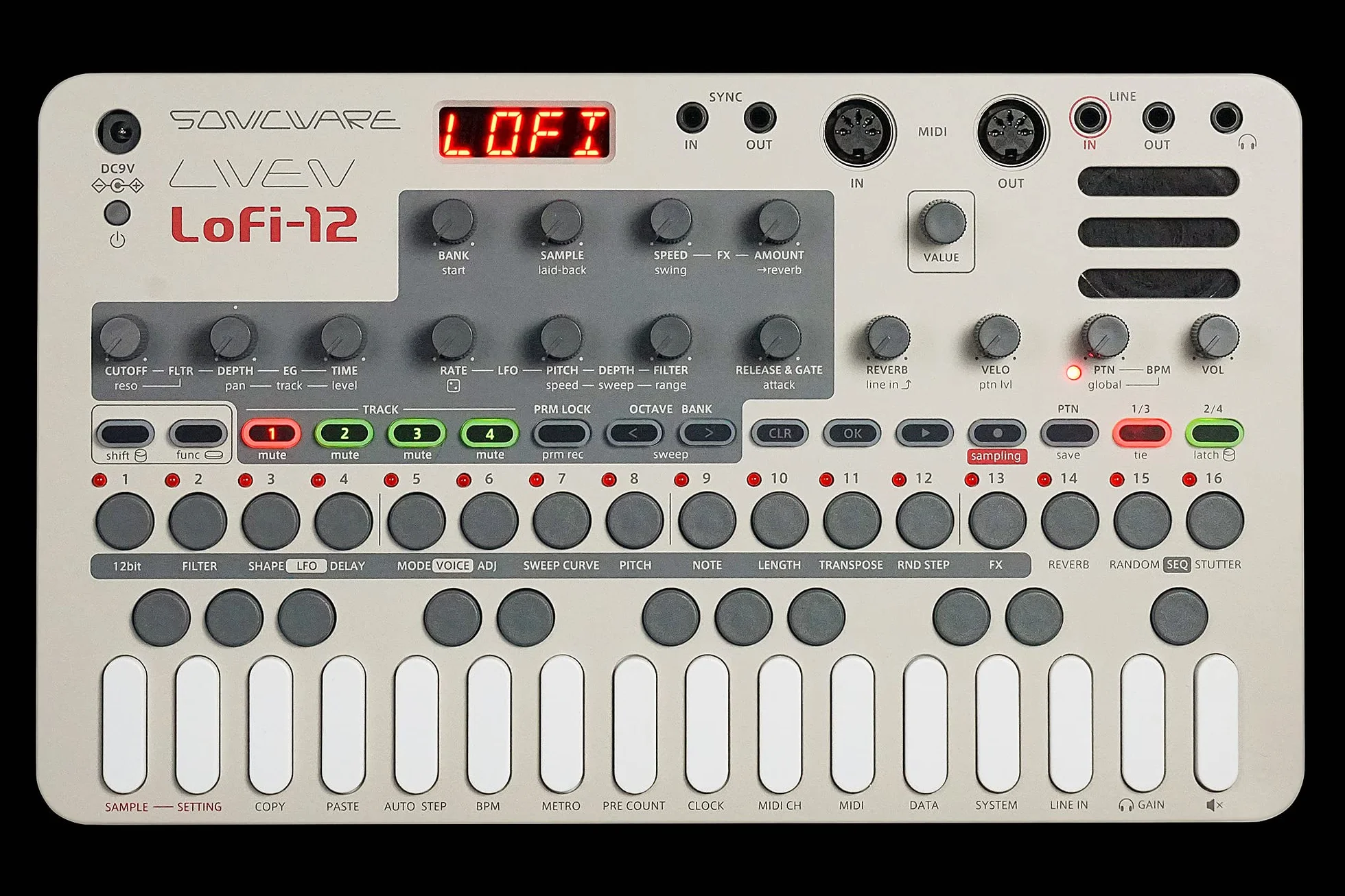 Sonicware LIVEN Lofi-12 [Lo-fi Groovebox & Sampler] Retro-Sampling mit 12bit Sampler-Modus, 4-Spur Step-Sequenzer, 10 Stimmen, 12 Spur-Effekte + 9 Master-Effekt
