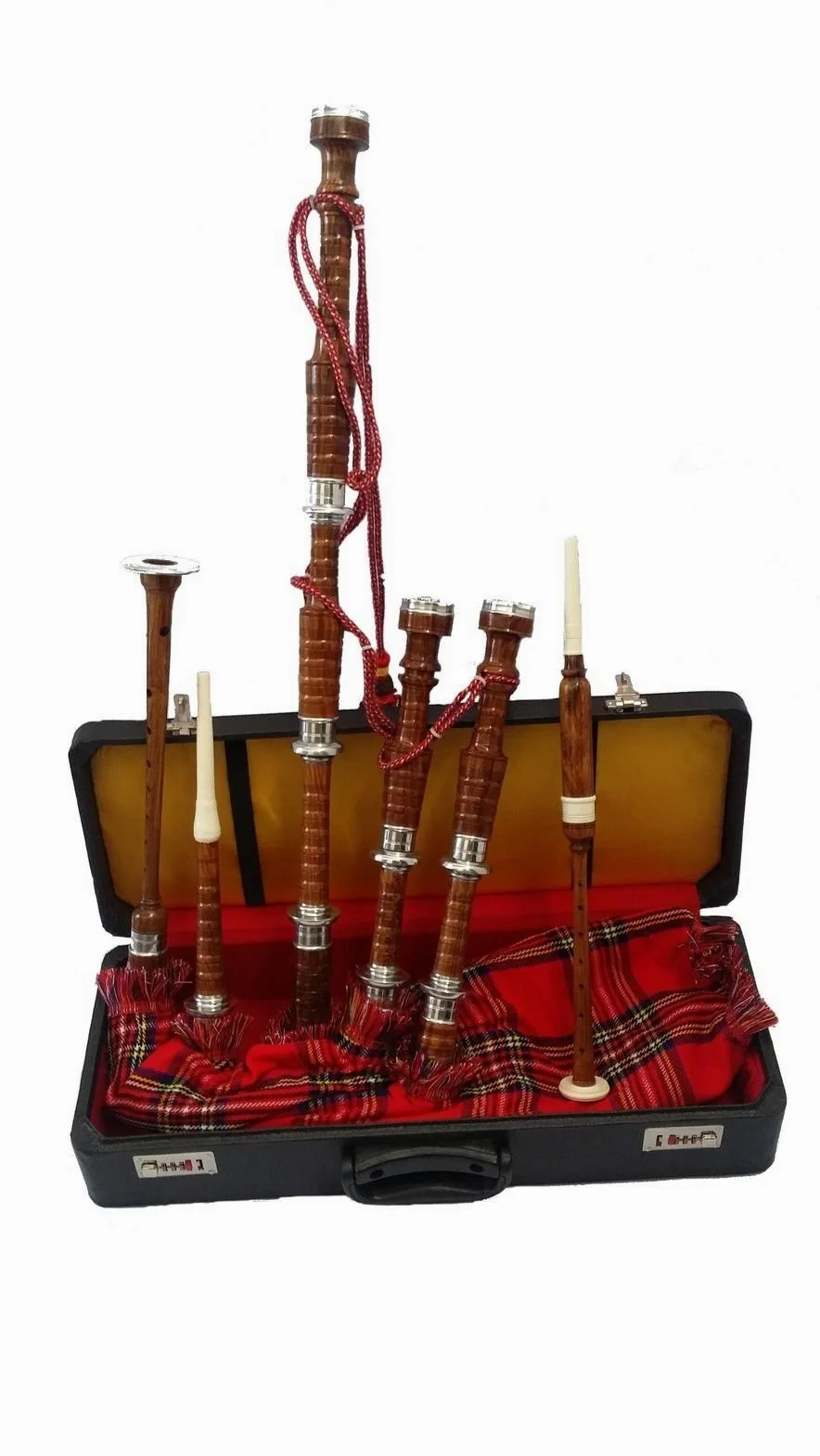 Schottischer Great Highland Dudelsack Komplettes Set Silberhalterungen / Dudelsack Palisander Natur mit Hartschalenkoffer