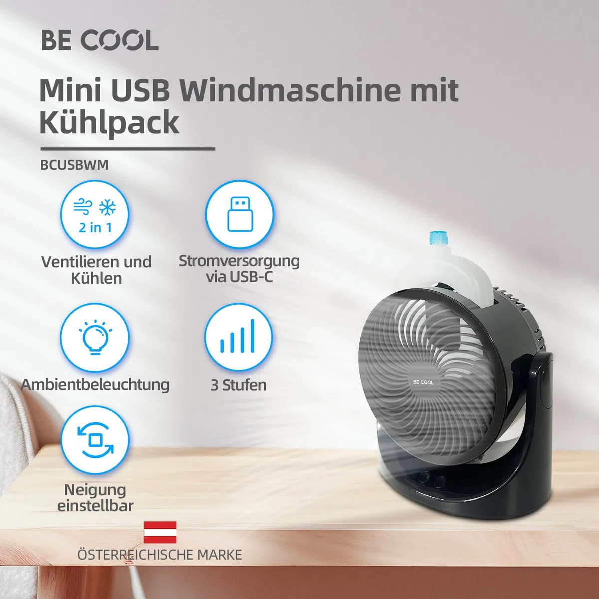 Be Cool USB-Windmaschine 15cm mit Kühlakku – Ø 6" / 15 cm, Kupfermotor, 10 Watt, Kühlakku im Lieferumfang, 7-farbige LED-Beleuchtung, USB Typ-C, schwarz