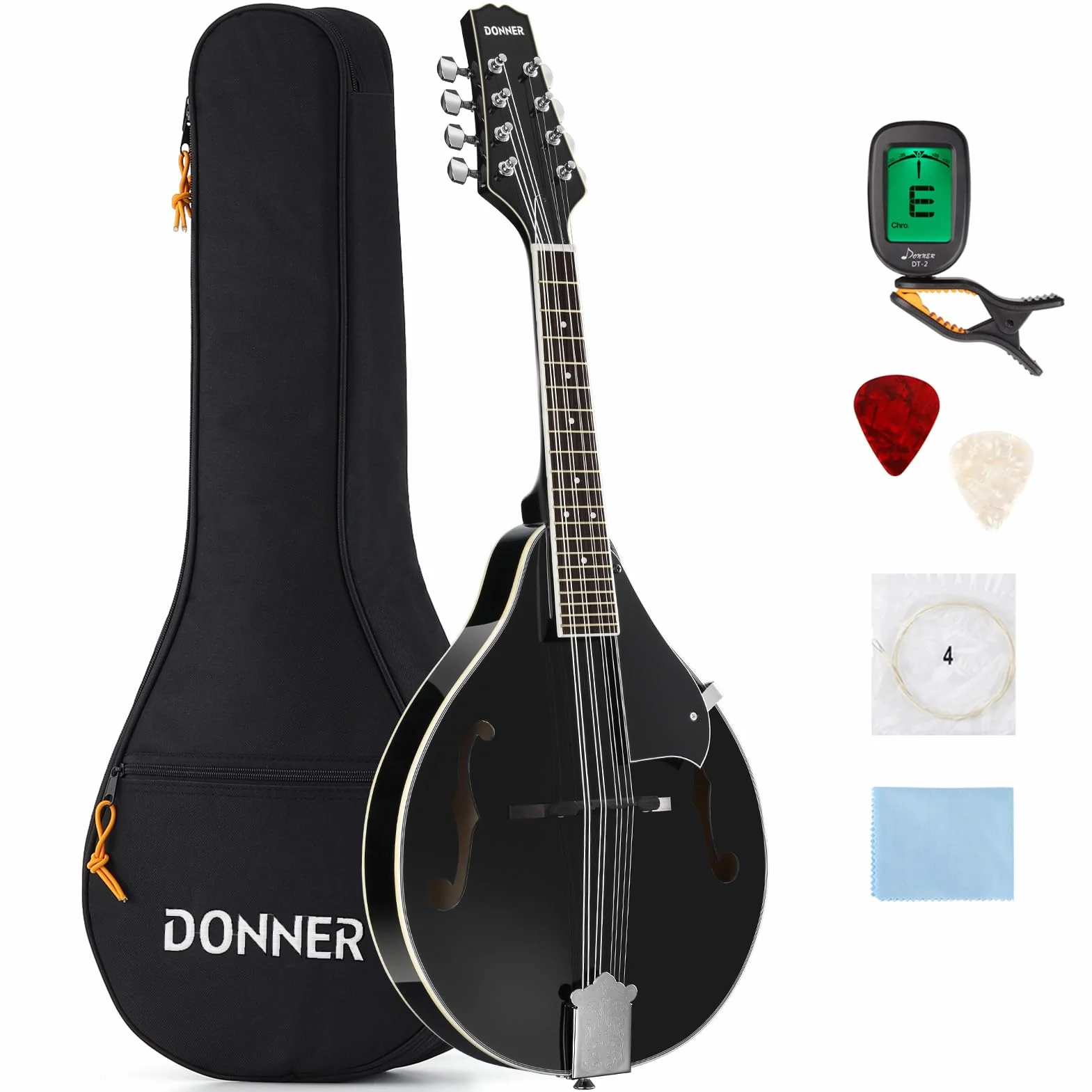 Donner Mandoline Instrument A Style Mandoline mit 8 Saiten Anfänger Erwachsene Mahogany Tasche Tuner Plektren Schwarz (DML-100B)