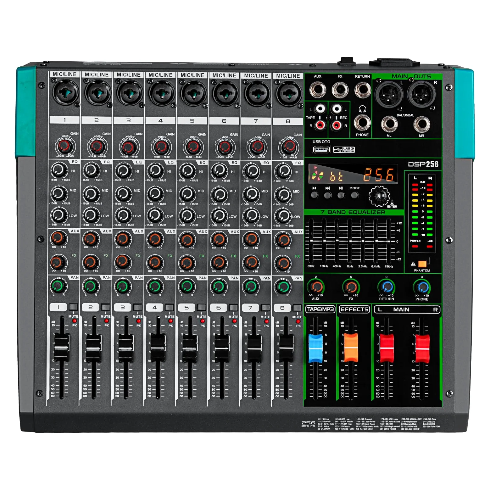 Depusheng PA8 Professioneller Mixer 8 Kanal DJ Konsole mit 256 DSP Effektoptionen Kabellose Bluetooth Verbindung USB Laufwerk 48V Phantomspeisung