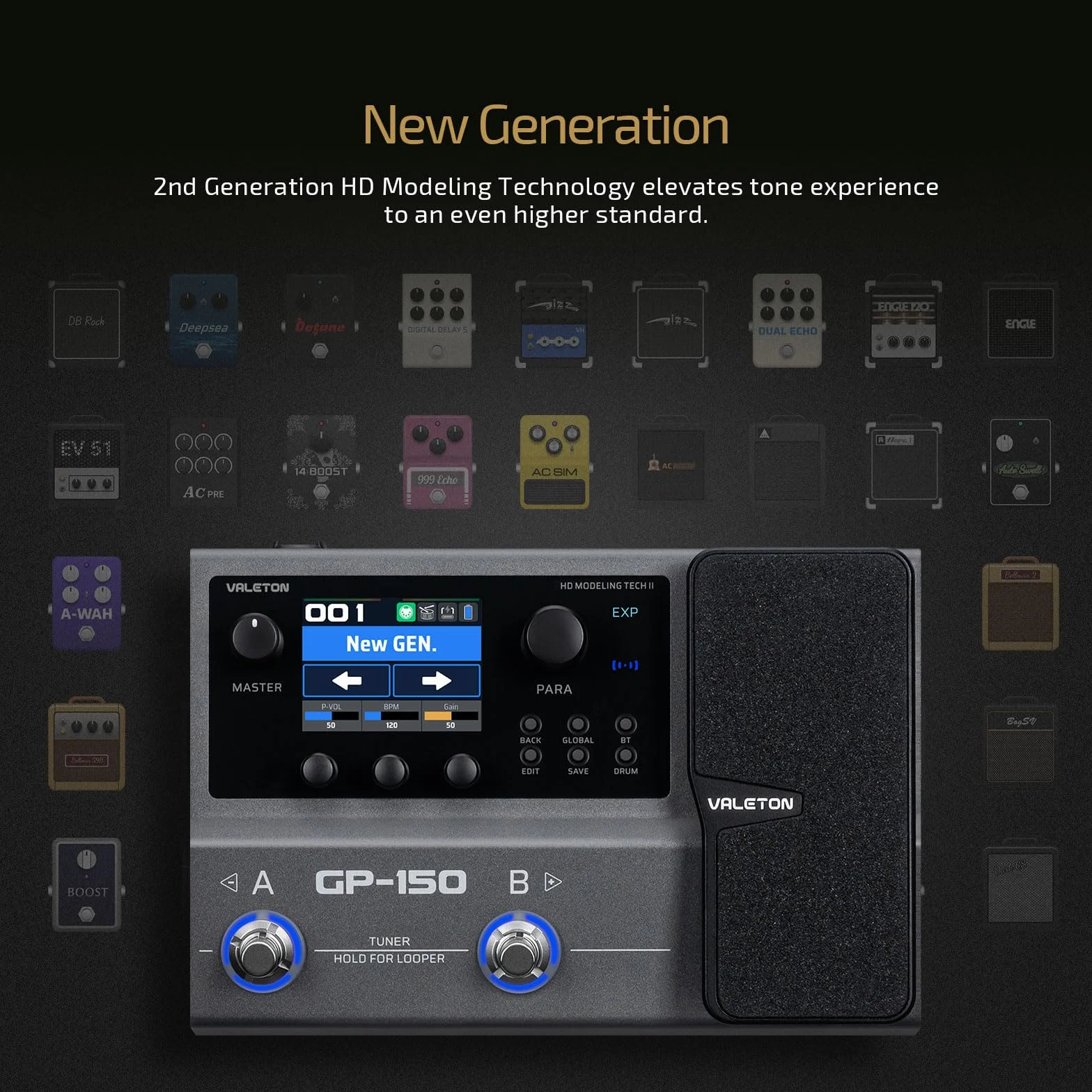VALETON Multi-Effekt Prozessor 200+ HD Modeling Effekte, IR-Laden/NAM, 180s Looper, Drum und BT GP-150