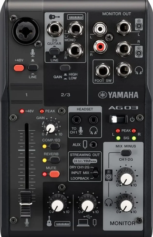 Yamaha AG03MK2 3-Kanal-Live-Streaming Mischpult mit USB-Audio-Interface – Für Windows, Mac, iOS und Android – In Schwarz