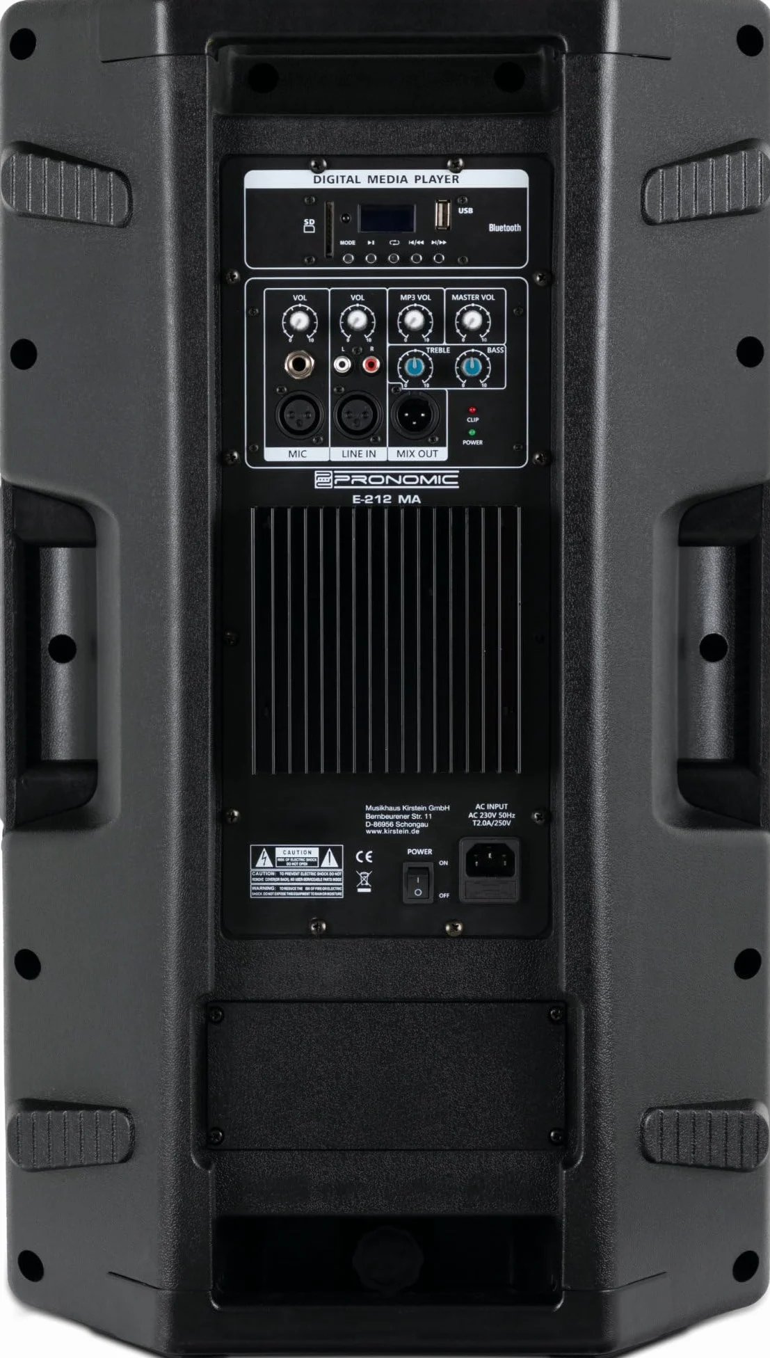 Pronomic E-212 MA Stereo Set - 2 aktive 2-Wege Boxen - Leistung: 2X 120 Watt (RMS) - 12" Woofer + 1,0" Kompressions-Treiber - Bluetooth-Empfänger und MP3-Player mit USB/SD - Monitorschräge