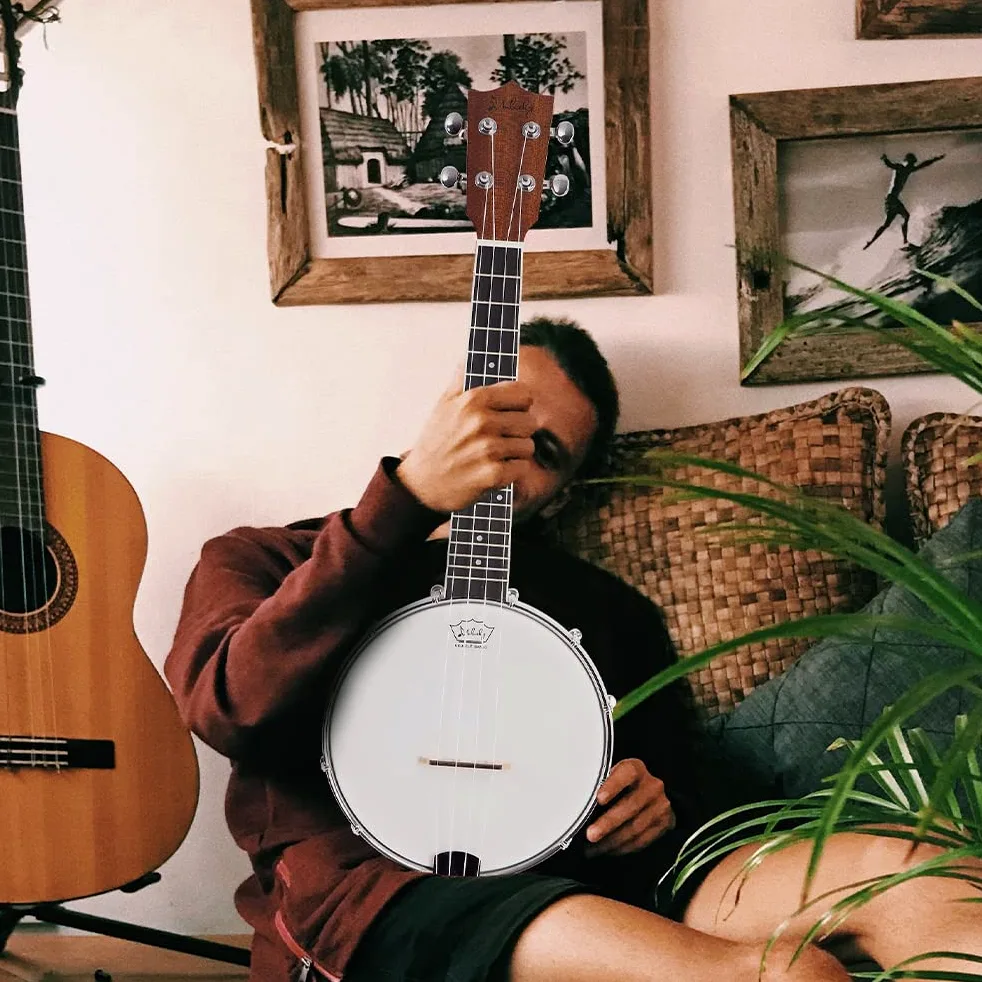 Mulucky Banjolele, 4 Saiten, Banjo-Ukulele, Konzert-Größe, 58,9 cm, geschlossener Massivholzrücken, Anfänger-Set mit Halsstab, Gigbag, Stimmgerät, Saitengurt, Plektren - BU806
