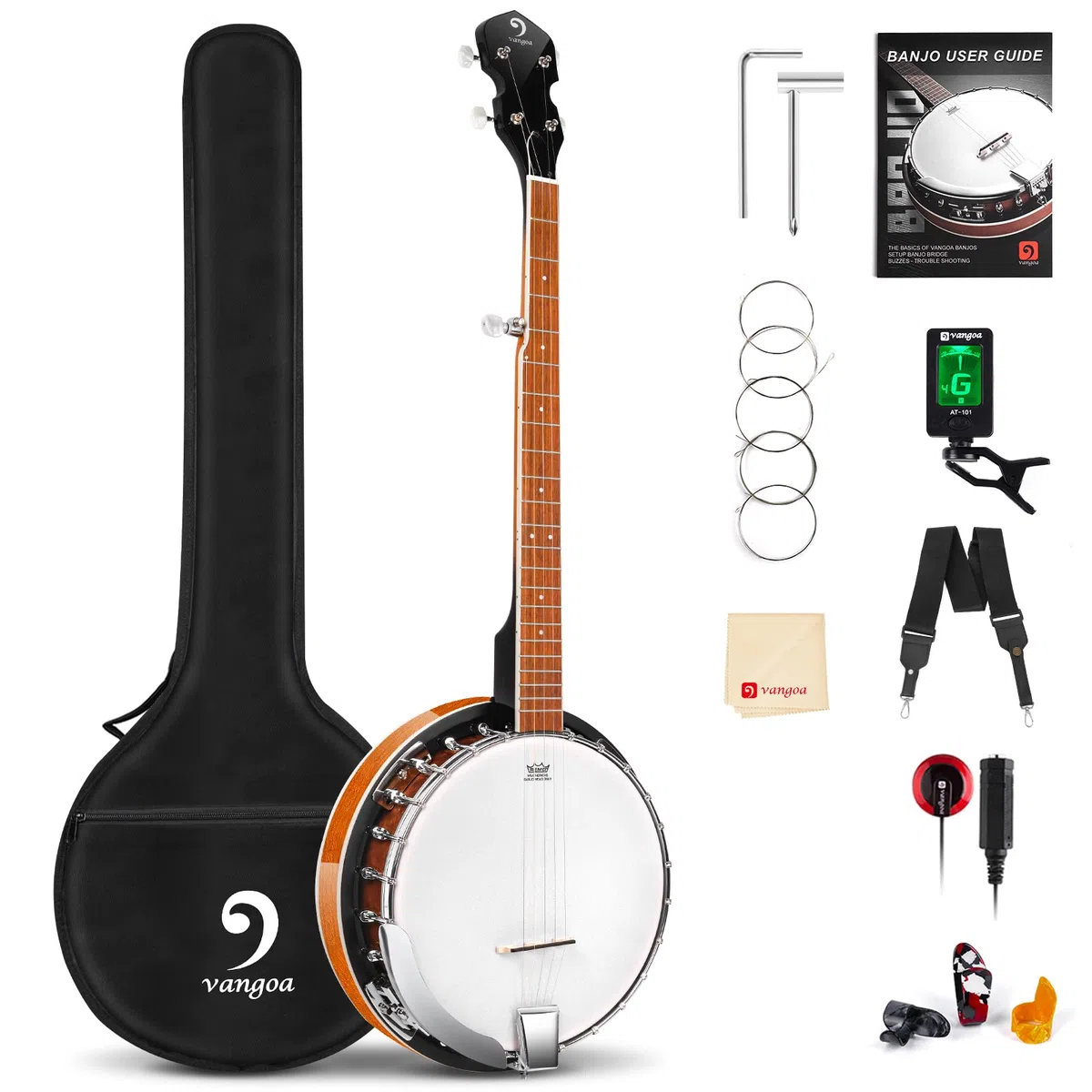 Vangoa Banjo 5 Saiten Full Size Remo Drum Head mit Resonator für Anfänger Erwachsene, mit Handbuch, Plektren, Extra Saiten, Stimmgerät, Gurt, Taschen