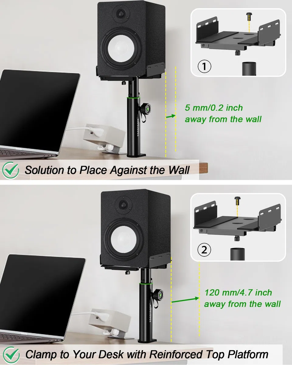 Vondynote 2 Stück Dual Side Klemm-Studio Monitor Ständer Desktop Klemme Lautsprecher Ständer Höhenverstellbar gegen die Wand Ausziehbare obere Platte Montage durch Schrauben