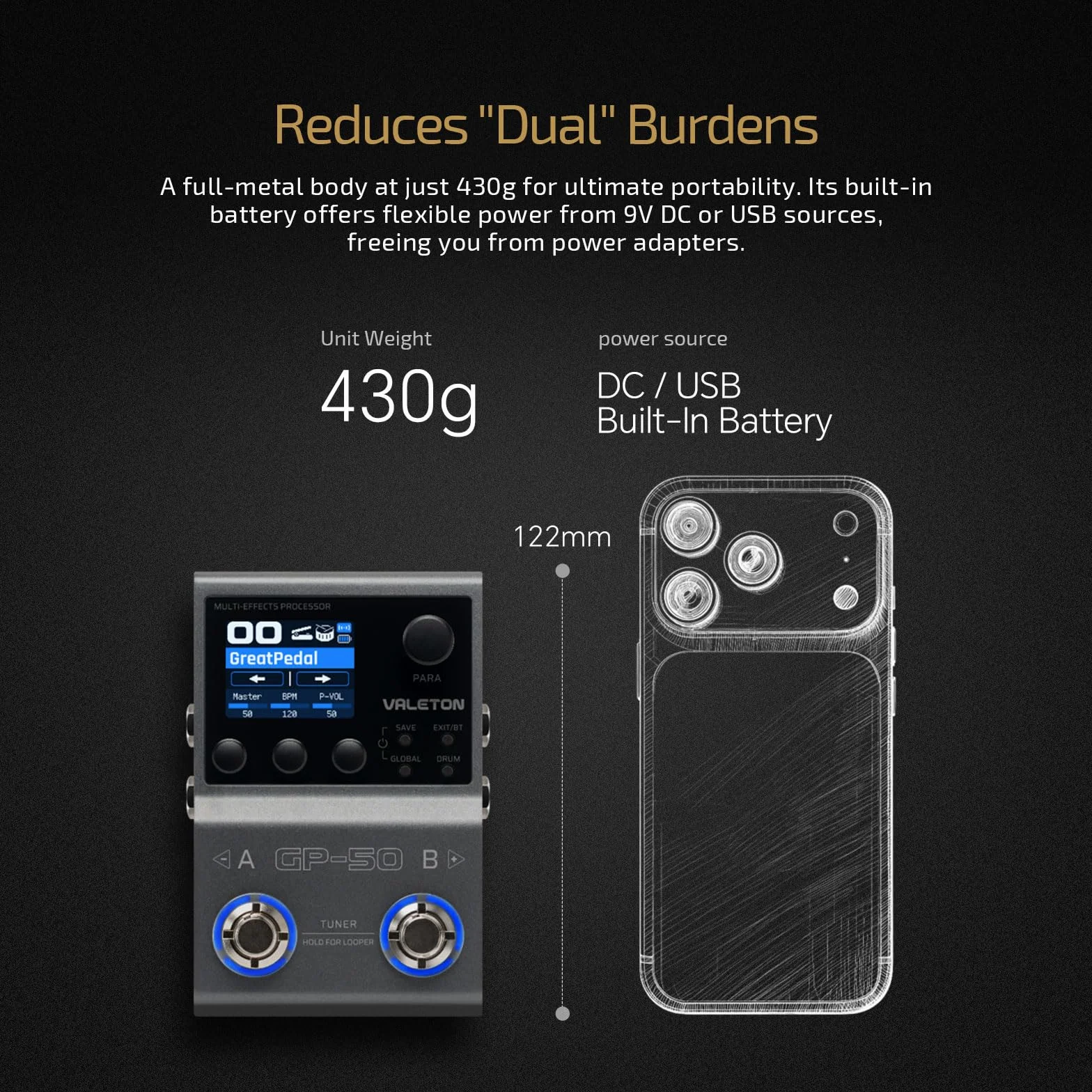 VALETON Multieffekt-Prozessor & NAM/IR Loader mit 100+ HD Effekten, 9 Module gleichzeitig, BT-App, 100 Patch-Slots für Gitarre & Bass GP-50