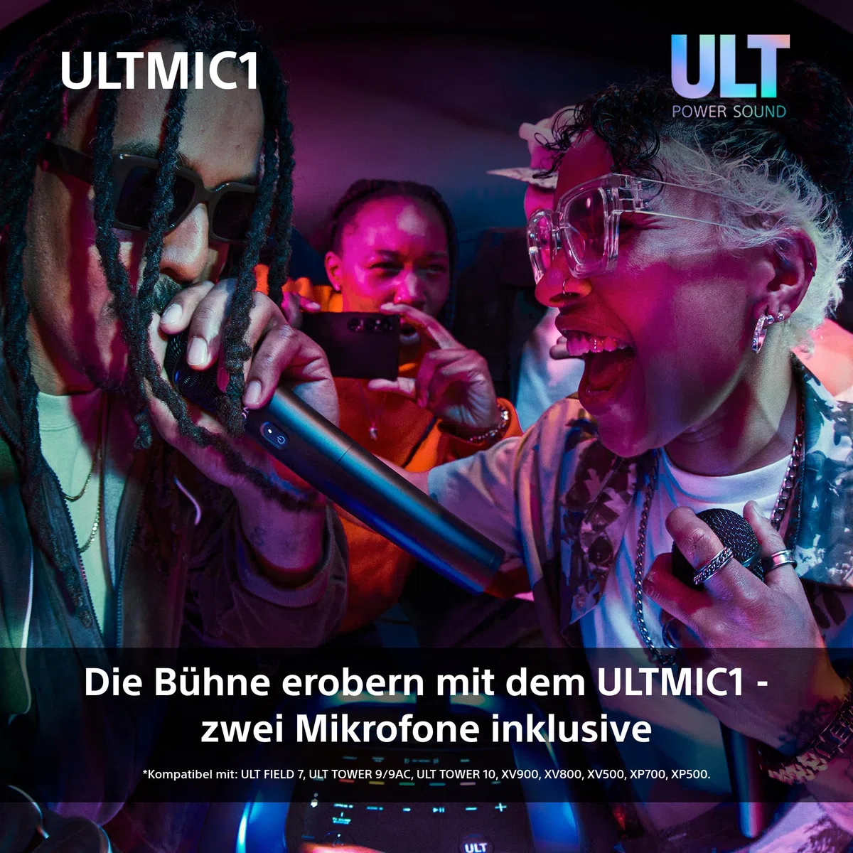 Sony ULTMIC1 - Kabelloses Mikrofonset mit 2 Mikrofonen und Empfänger, erweiterte Rauschunterdrückung, Duettunterstützung, 20-Stunden-Akku, stoßfest, perfekt für die ULT Power Sound Serie - Schwarz