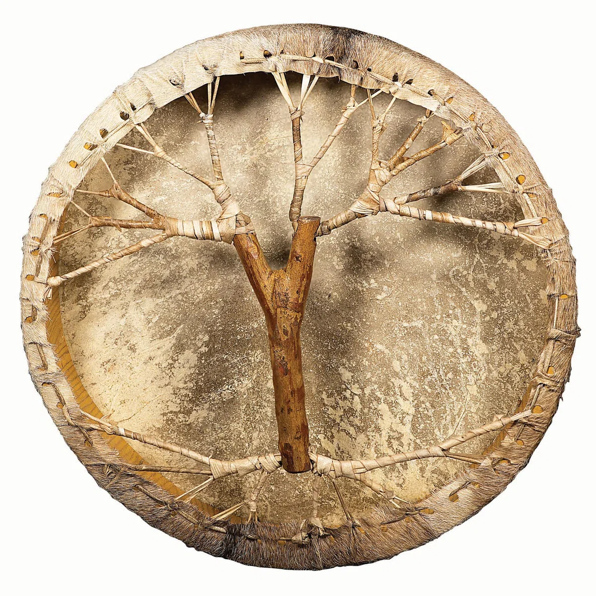 Shamanentrommel Ziegenfell Ø 40 cm mit Griff im Baum Stil Rahmentrommel im mysevendo Set Rund Shaman Drum Goat Skin inkl. Stick