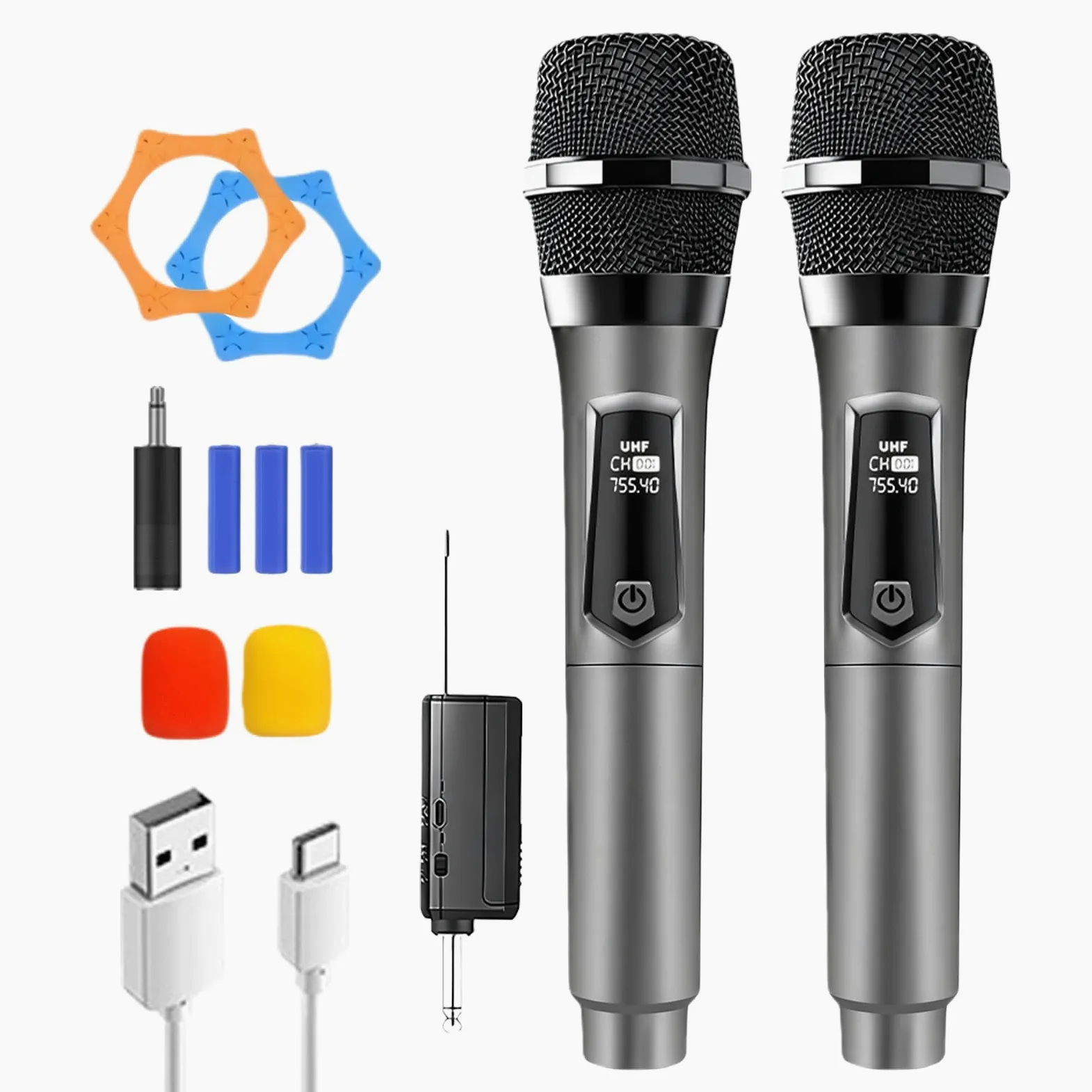 Kabelloses Mikrofon, Wiederaufladbares Funkmikrofon, Dual-Handmikrofon mit USB-C, Mikrofon Kabellos, UHF Kabelloses Mikrofonsystem Plug-and-Play für Karaoke DJ Reden Partys Bühne Hochzeiten(Grau)