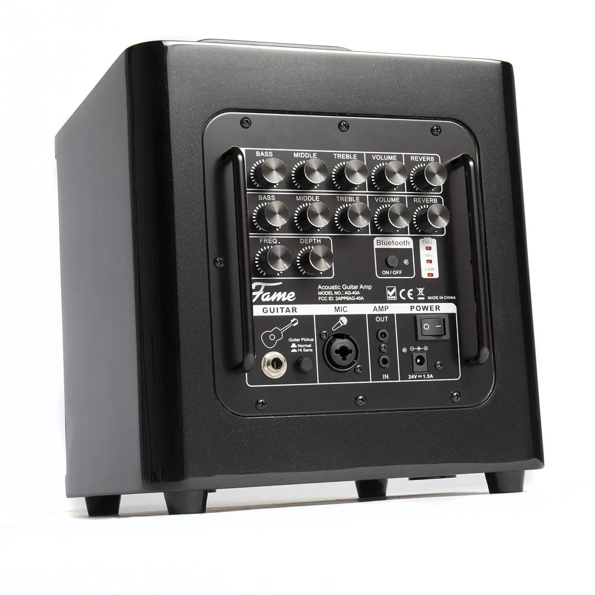 Fame AG-40A Akustikgitarren Verstärker, 40 Watt, 2 Kanäle, Integrierter Reverb, Bluetooth-Schnittstelle, Akkubetrieb