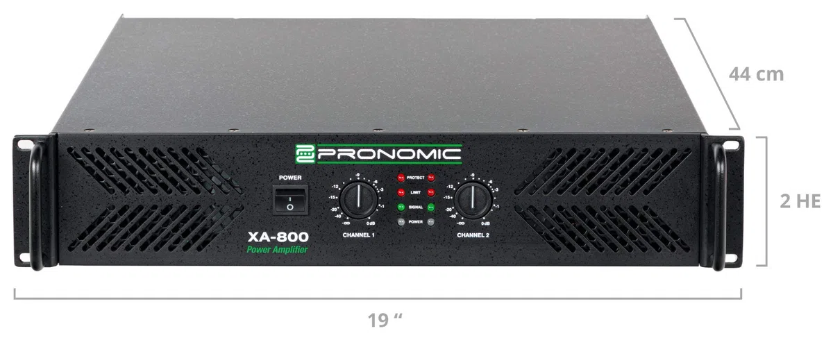 Pronomic XA-800 Endstufe - Stereo-Leistungsverstärker mit 2x 1900 Watt an 2 Ohm - Lüfter automatisch gesteuert - 2 x XLR Eingang 2 x XLR parallel Ausgang und Schutzschaltungen - Schaltungstype H